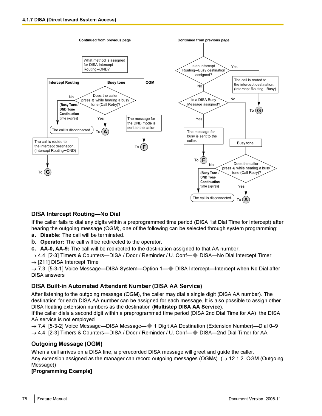 Panasonic KX-TDA50 manual Disa Intercept Routing-No Dial, Disa Built-in Automated Attendant Number Disa AA Service 