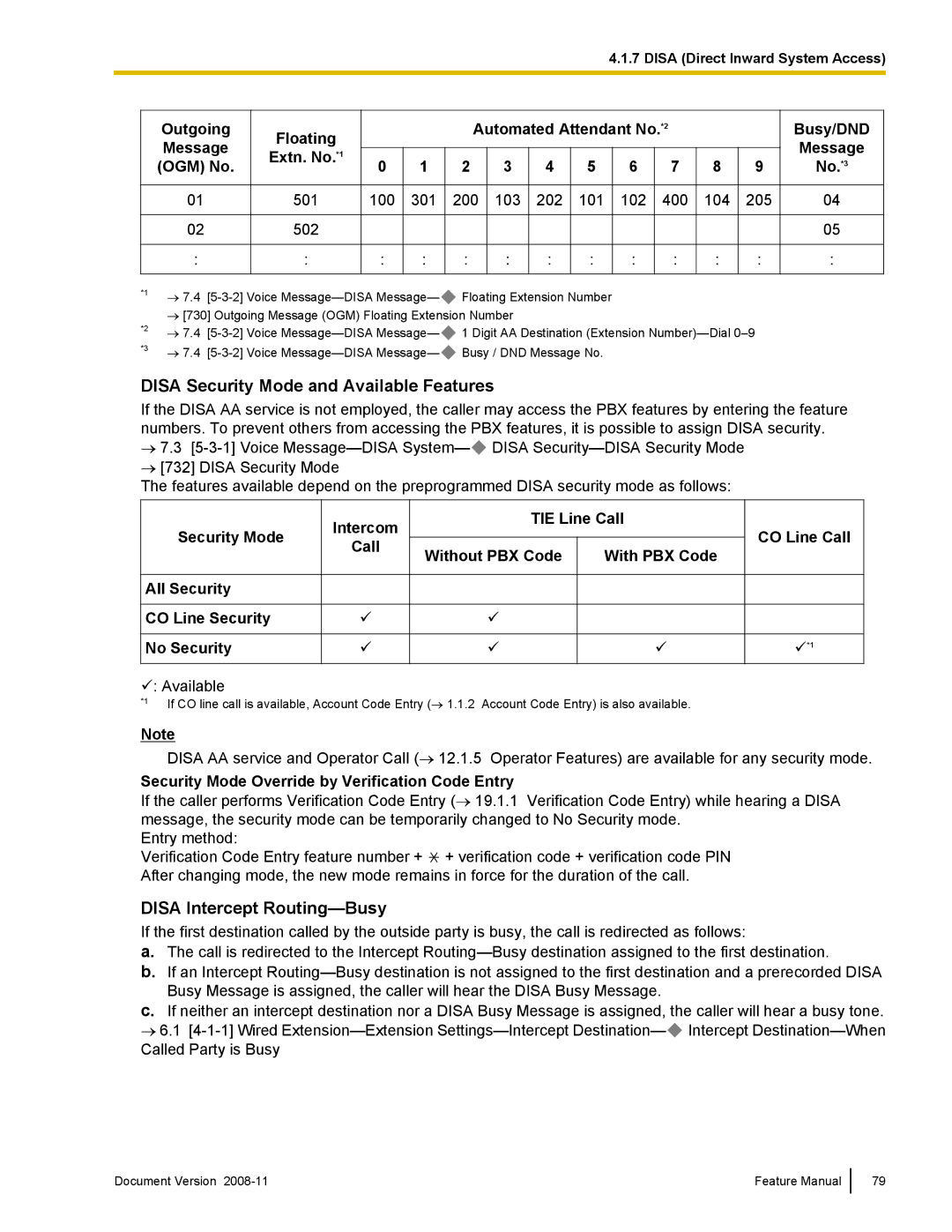Panasonic KX-TDA50 manual Disa Security Mode and Available Features, Disa Intercept Routing-Busy, Busy/DND Message No.*3 
