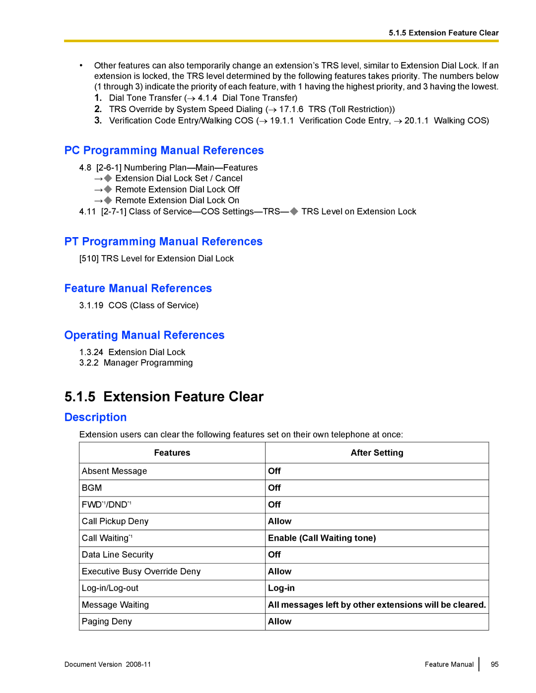 Panasonic KX-TDA50 manual Extension Feature Clear, Features 