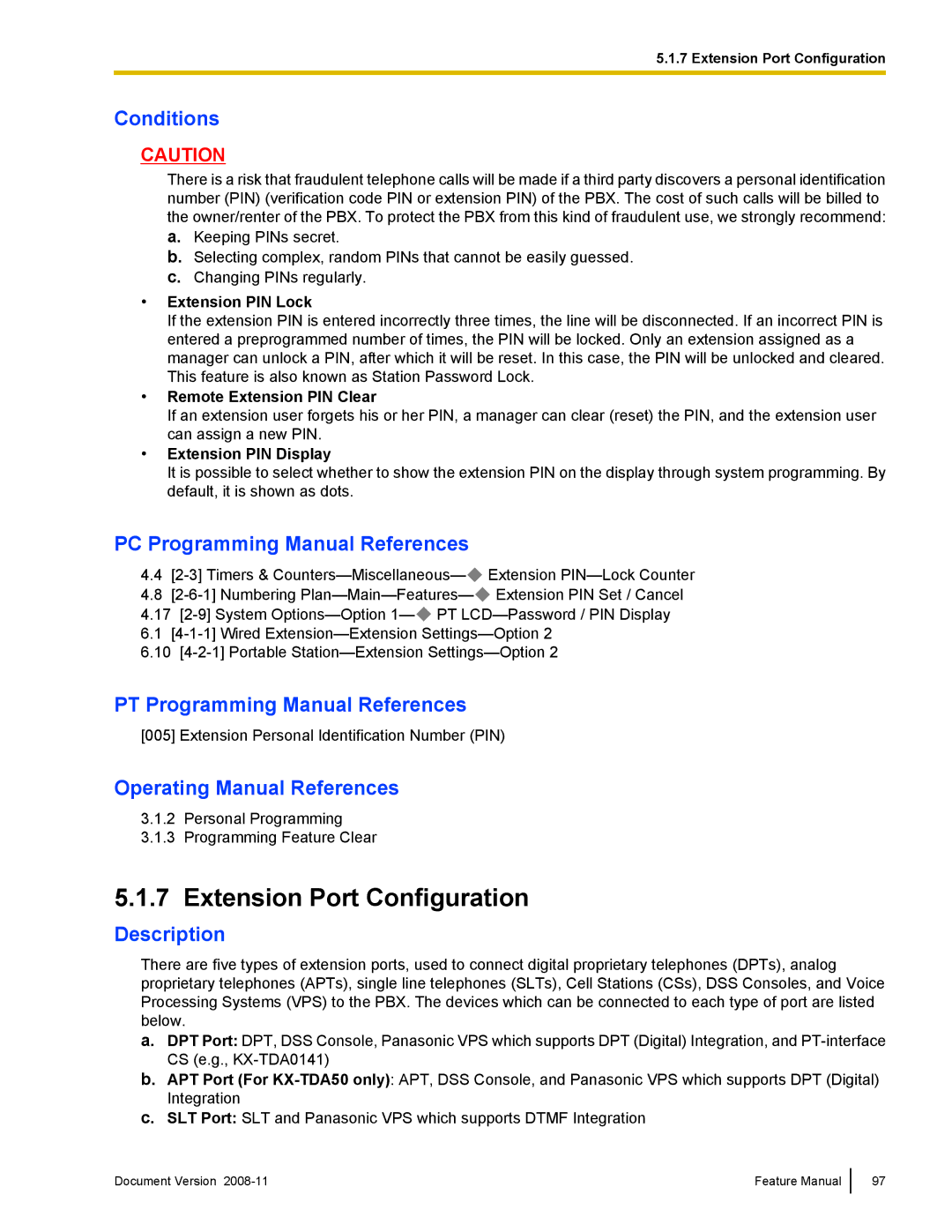 Panasonic KX-TDA50 Extension Port Configuration, Extension PIN Lock, Remote Extension PIN Clear, Extension PIN Display 