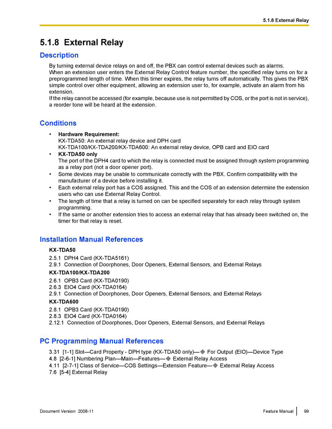 Panasonic KX-TDA50 manual External Relay, Hardware Requirement 