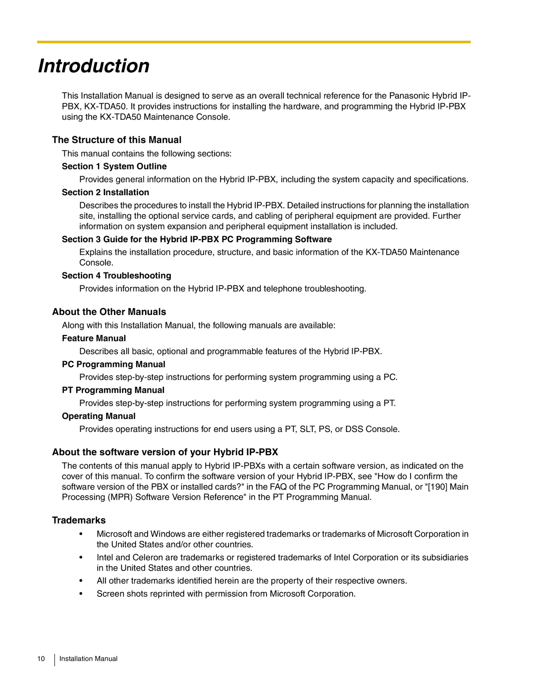 Panasonic KX-TDA50 Structure of this Manual, About the Other Manuals, About the software version of your Hybrid IP-PBX 