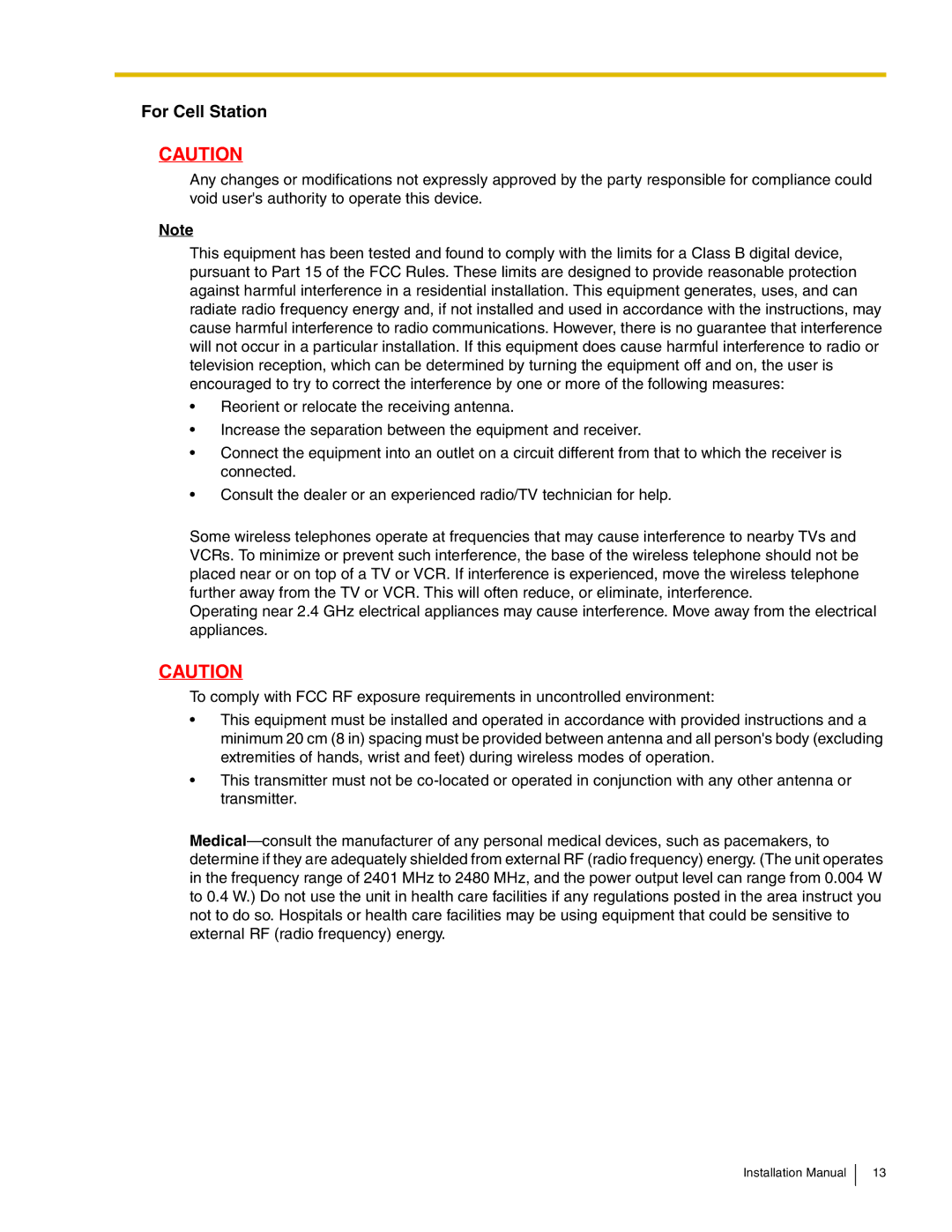 Panasonic KX-TDA50 installation manual For Cell Station 