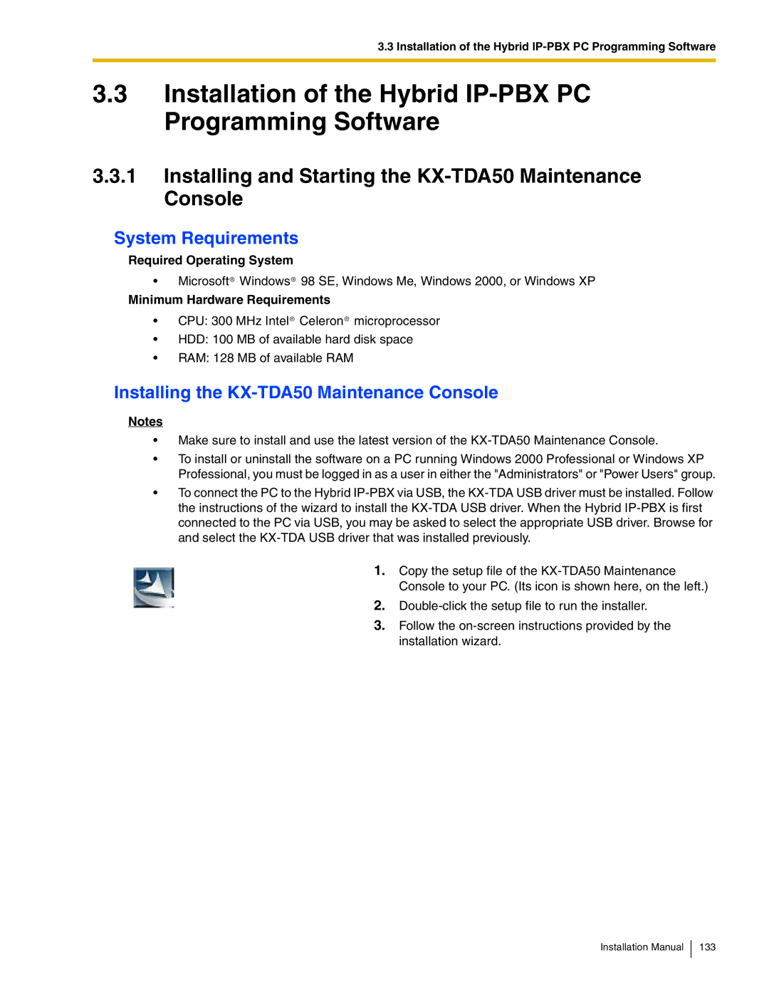 Panasonic KX-TDA50 installation manual Installation of the Hybrid IP-PBX PC Programming Software, System Requirements 