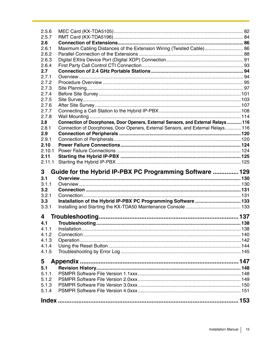 Panasonic KX-TDA50 116, Connection of Peripherals 120, Power Failure Connections 124, Starting the Hybrid IP-PBX 125, 130 