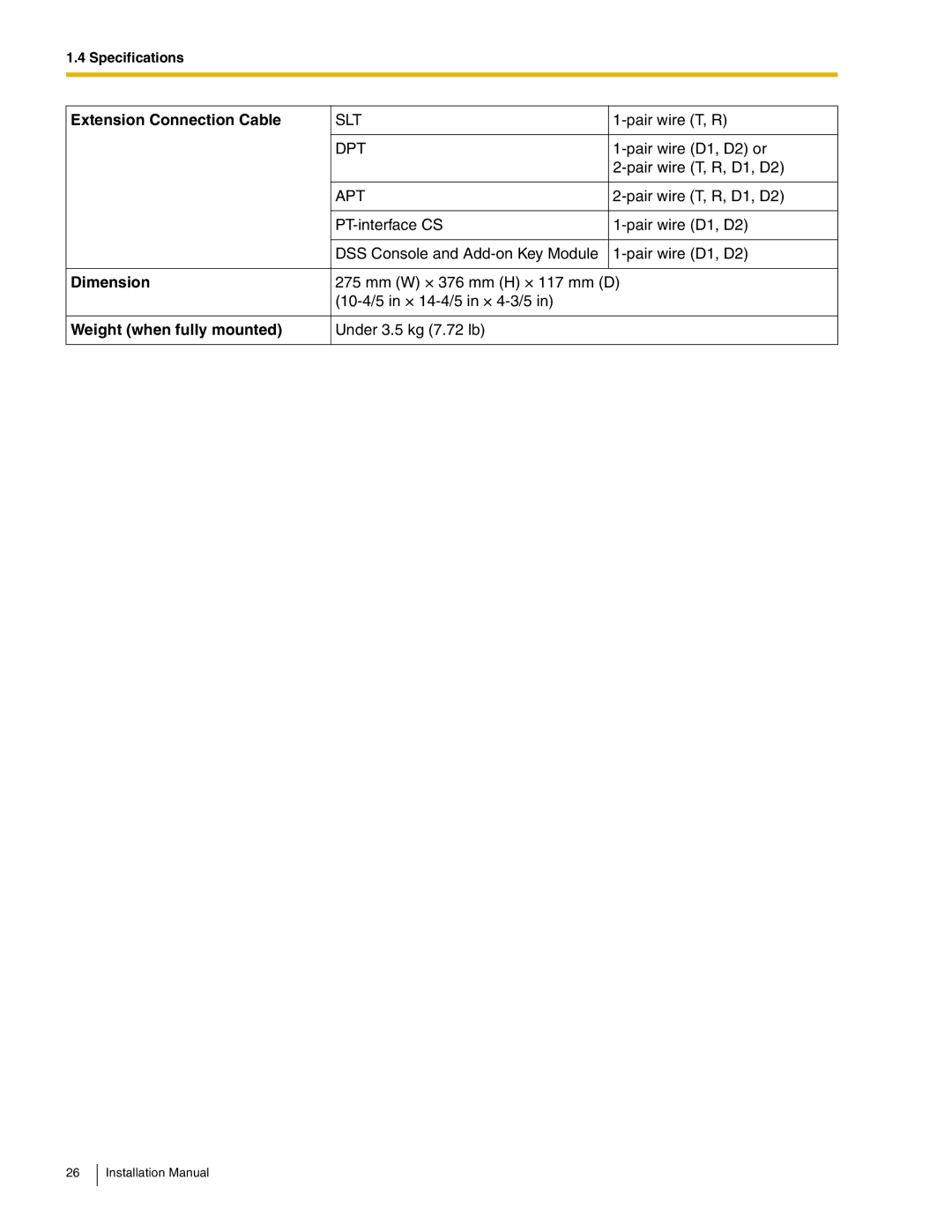 Panasonic KX-TDA50 installation manual Extension Connection Cable, Dimension, Weight when fully mounted 