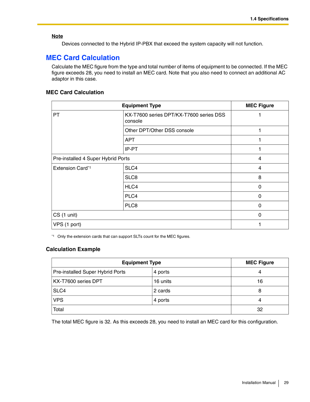 Panasonic KX-TDA50 installation manual MEC Card Calculation, Calculation Example, Equipment Type MEC Figure 