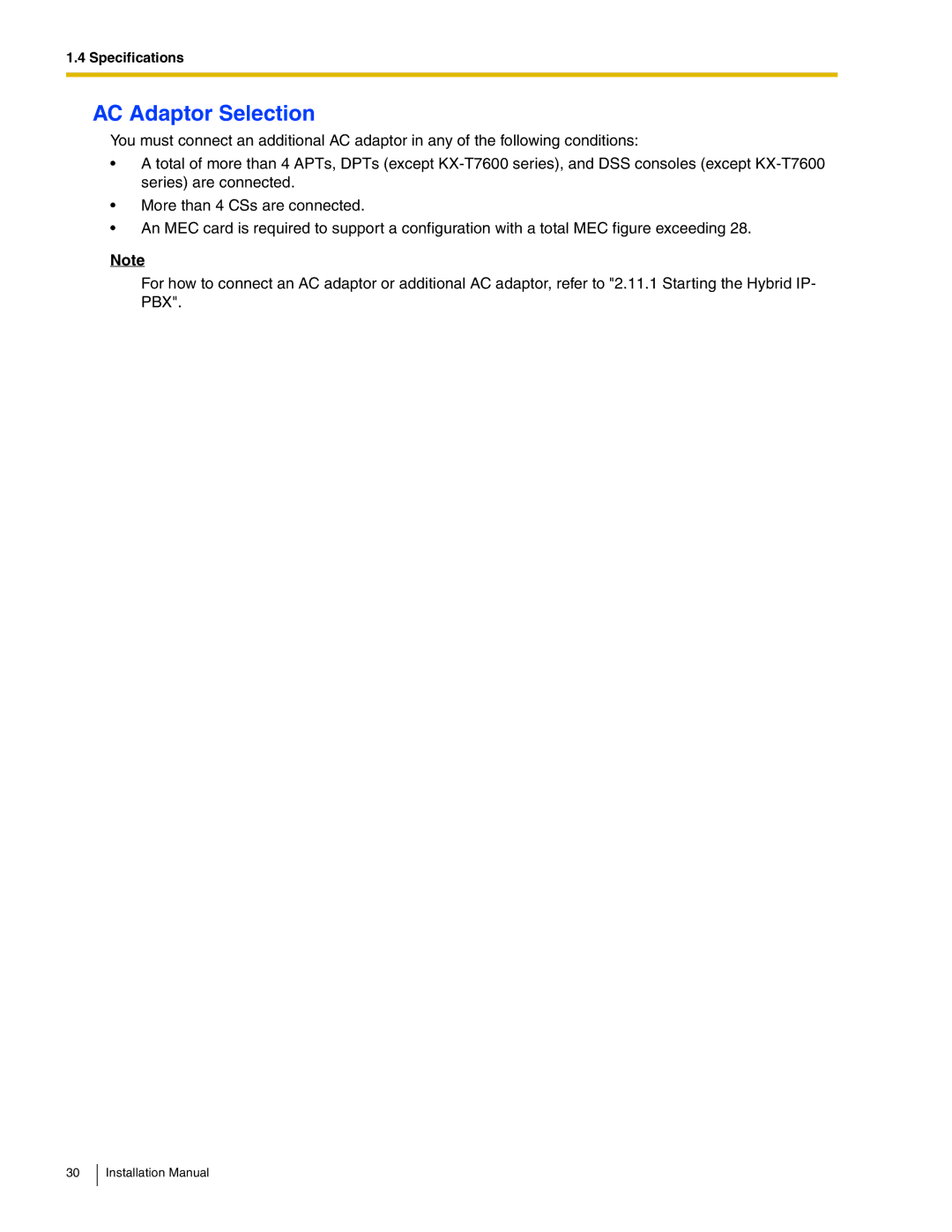 Panasonic KX-TDA50 installation manual AC Adaptor Selection 