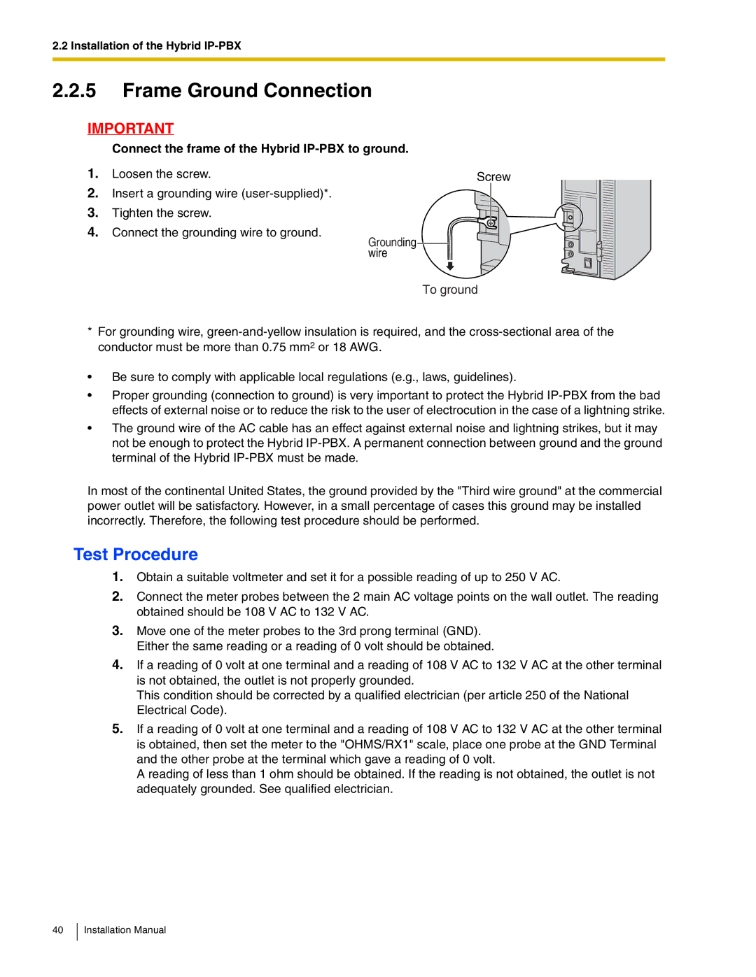 Panasonic KX-TDA50 Frame Ground Connection, Test Procedure, Connect the frame of the Hybrid IP-PBX to ground 