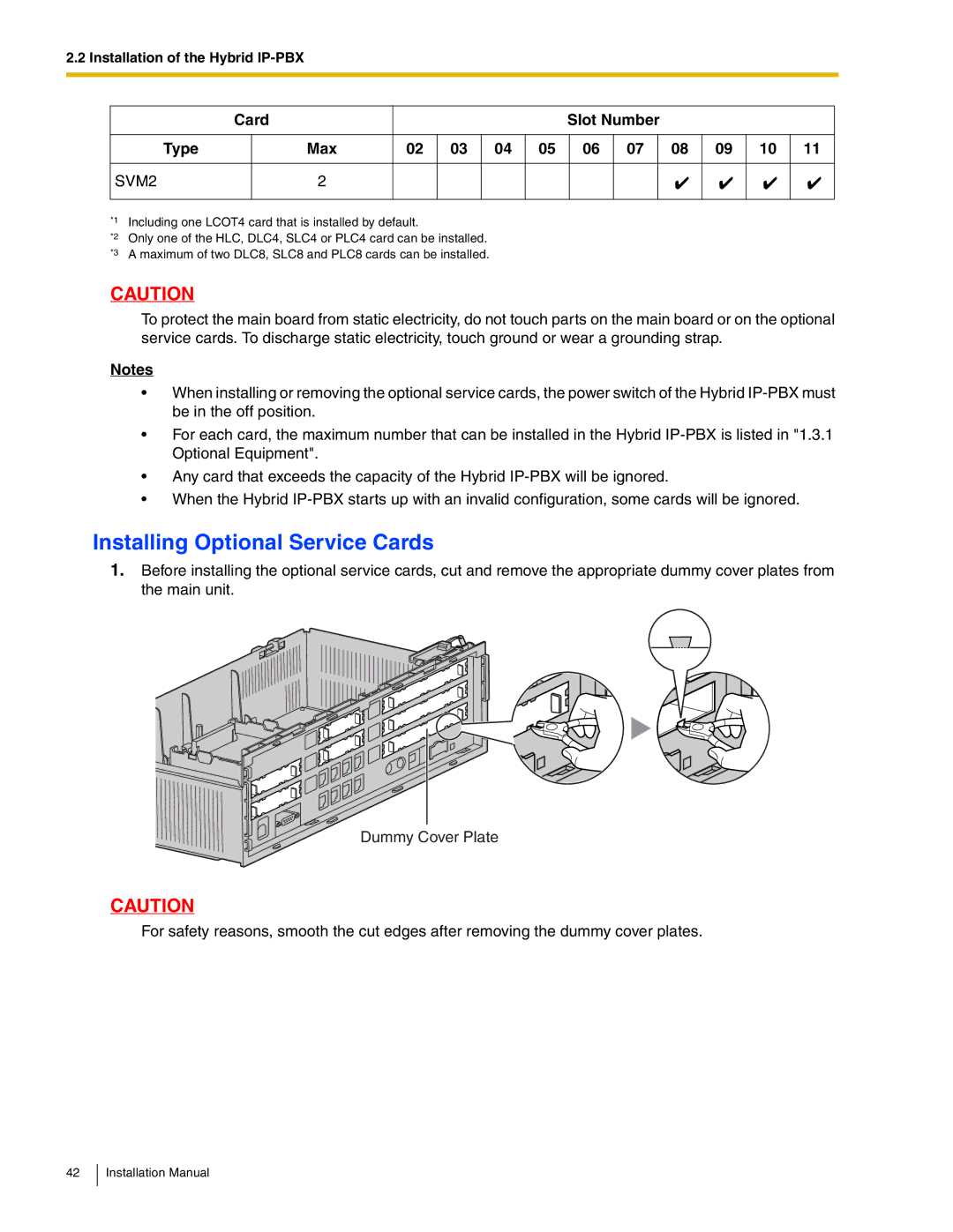 Panasonic KX-TDA50 installation manual Installing Optional Service Cards, Card Slot Number Type 