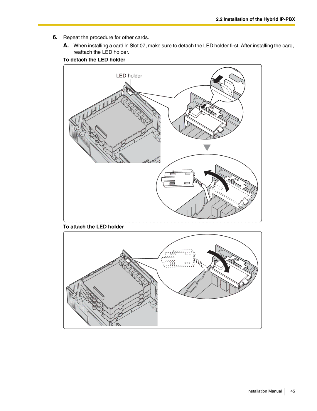 Panasonic KX-TDA50 installation manual To detach the LED holder, To attach the LED holder 