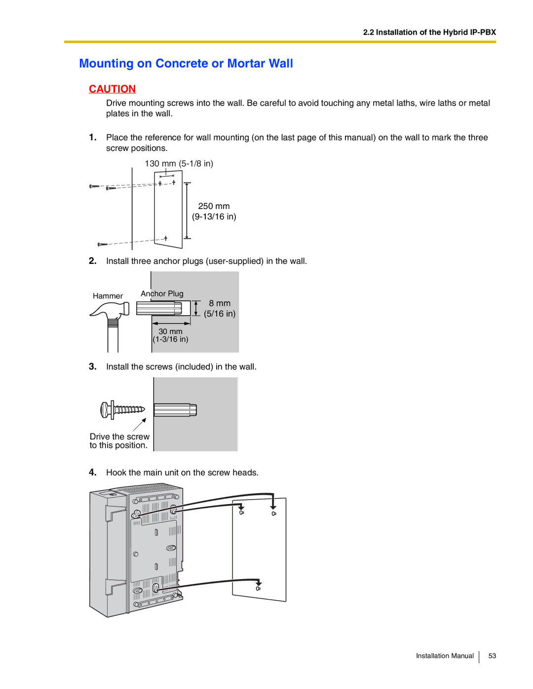 Panasonic KX-TDA50 installation manual Mounting on Concrete or Mortar Wall 