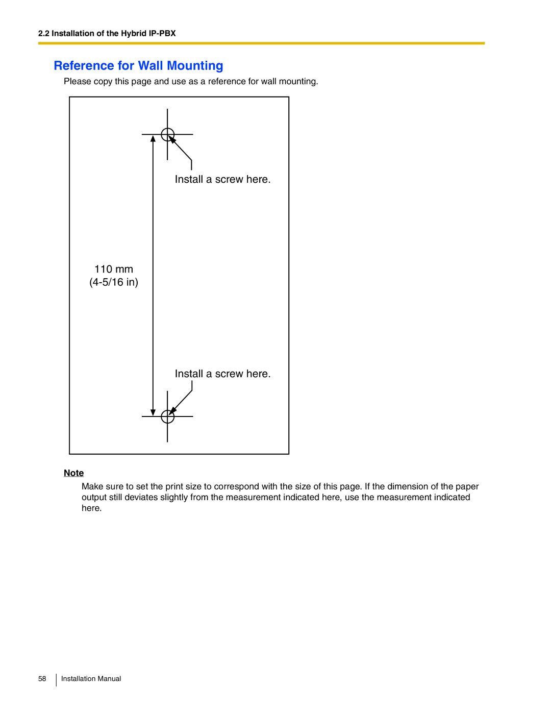 Panasonic KX-TDA50 installation manual Reference for Wall Mounting, Install a screw here 110 mm 