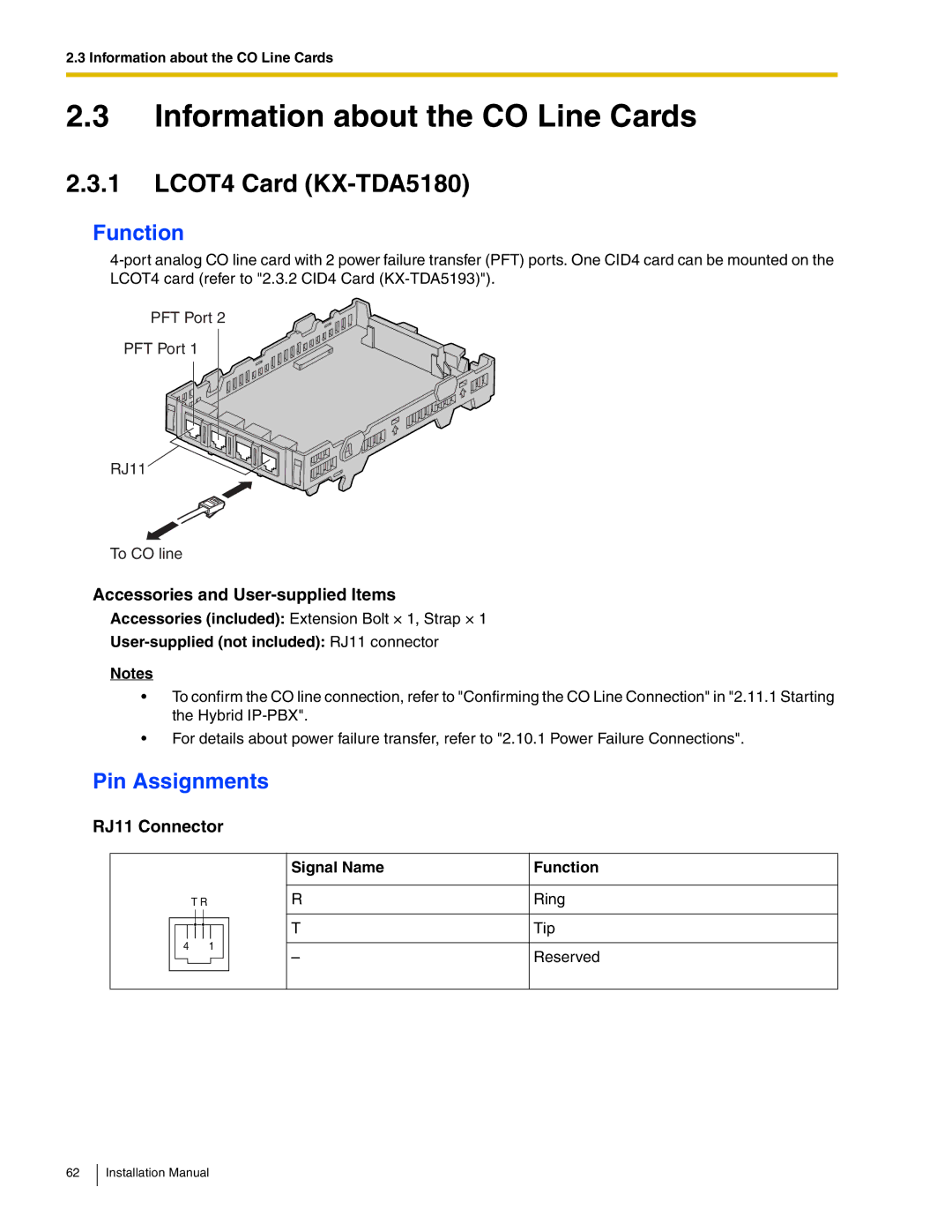 Panasonic KX-TDA50 Information about the CO Line Cards, LCOT4 Card KX-TDA5180, Function, Pin Assignments 