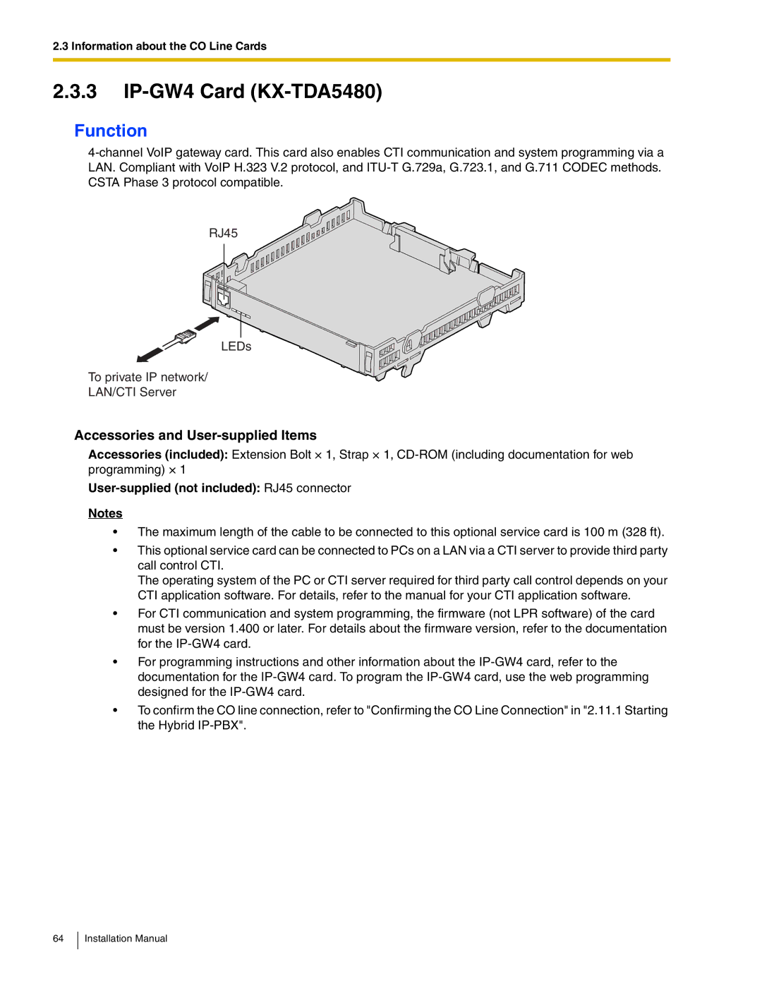 Panasonic KX-TDA50 installation manual IP-GW4 Card KX-TDA5480, User-supplied not included RJ45 connector 