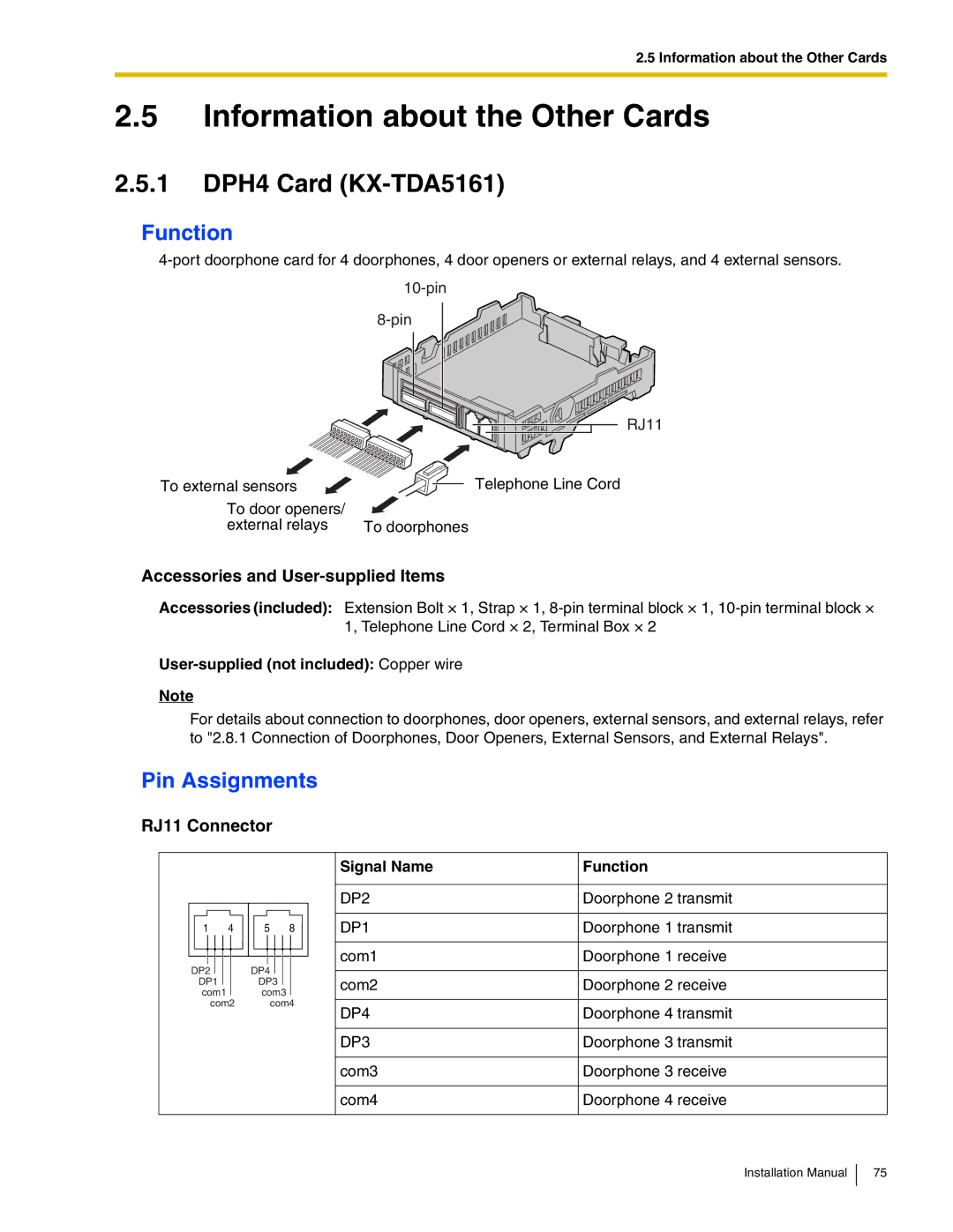 Panasonic KX-TDA50 Information about the Other Cards, 1 DPH4 Card KX-TDA5161, User-supplied not included Copper wire 