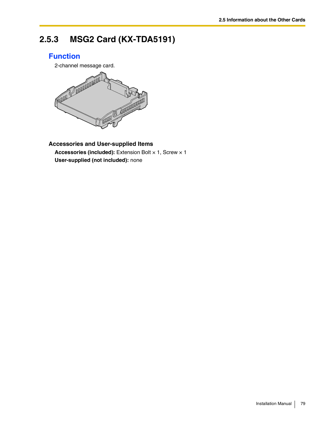 Panasonic KX-TDA50 installation manual 3 MSG2 Card KX-TDA5191 