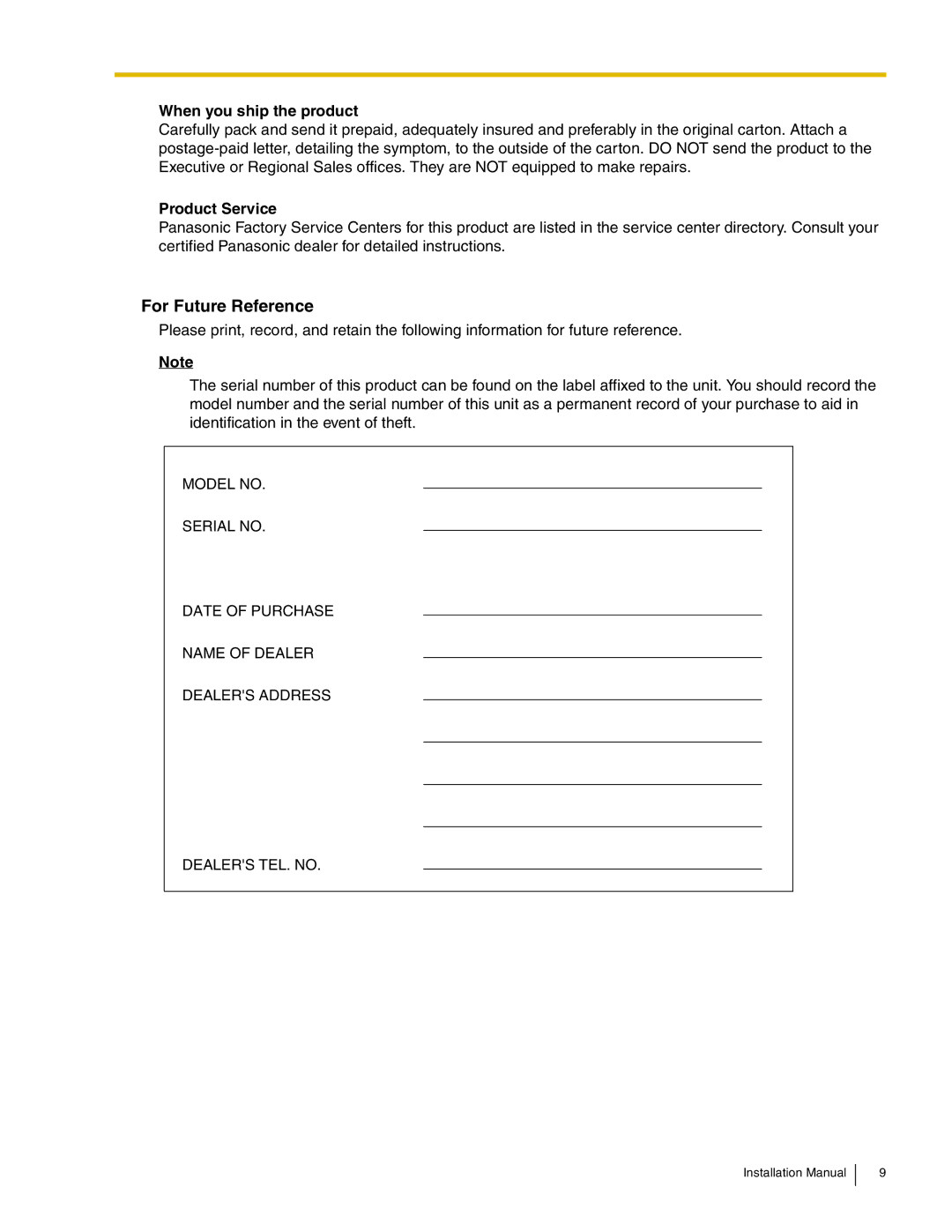 Panasonic KX-TDA50 installation manual For Future Reference, When you ship the product, Product Service 