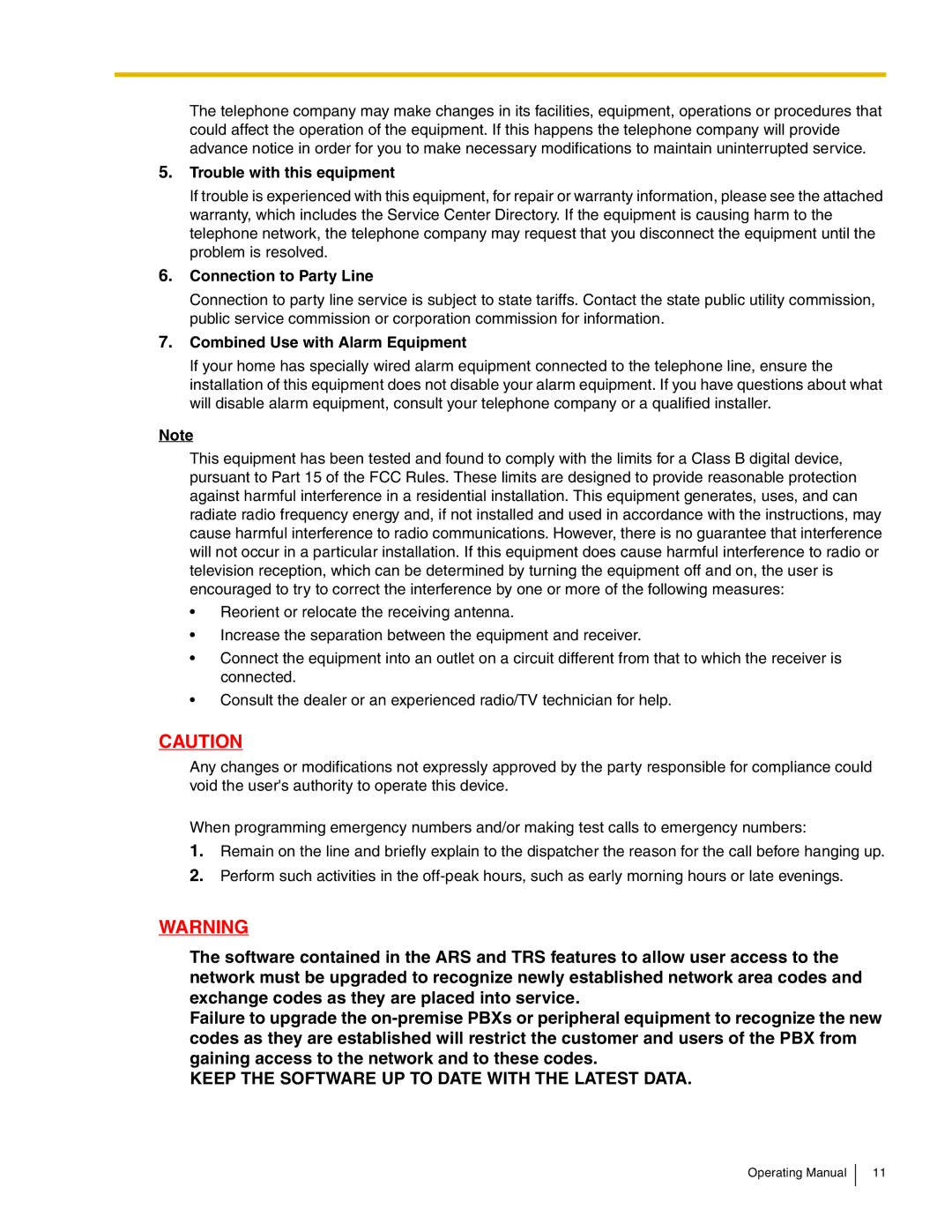 Panasonic KX-TDA600 manual Trouble with this equipment, Connection to Party Line, Combined Use with Alarm Equipment 