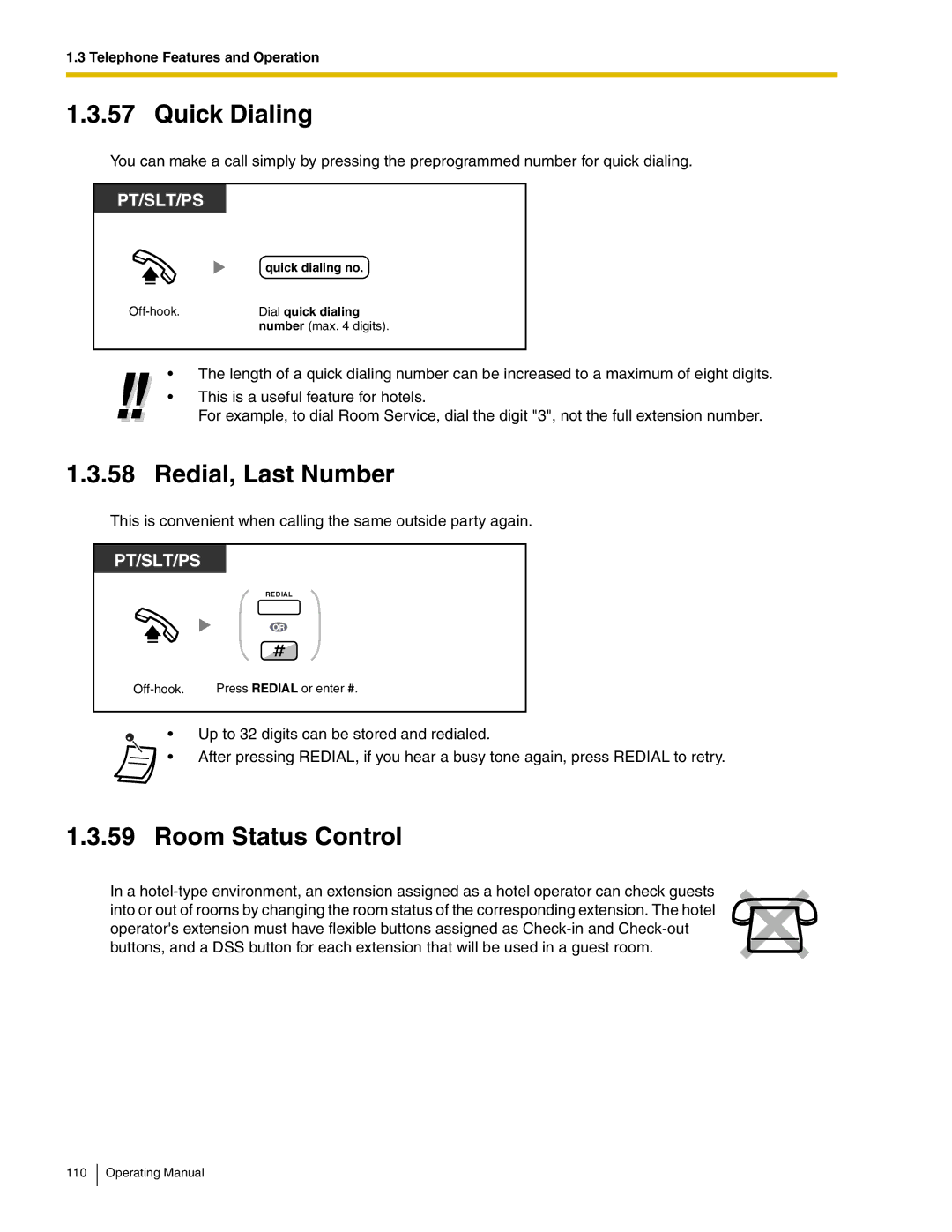 Panasonic KX-TDA600 Quick Dialing, Redial, Last Number, Room Status Control, Quick dialing no, Off-hook Dial quick dialing 