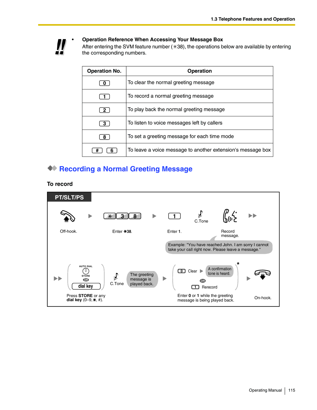 Panasonic KX-TDA600 Recording a Normal Greeting Message, Operation Reference When Accessing Your Message Box, Operation No 