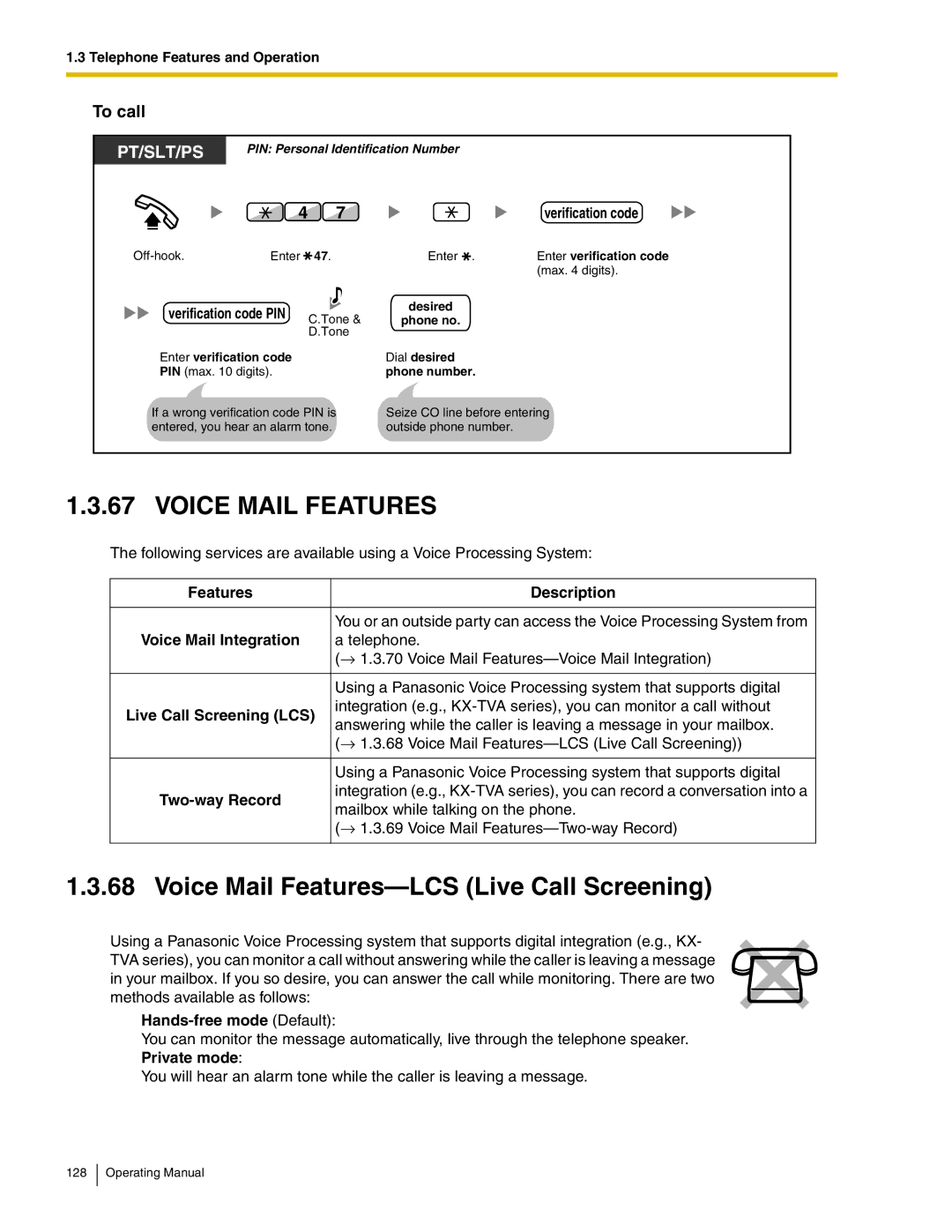 Panasonic KX-TDA600 manual Voice Mail Features-LCS Live Call Screening, Hands-free mode Default, Private mode 