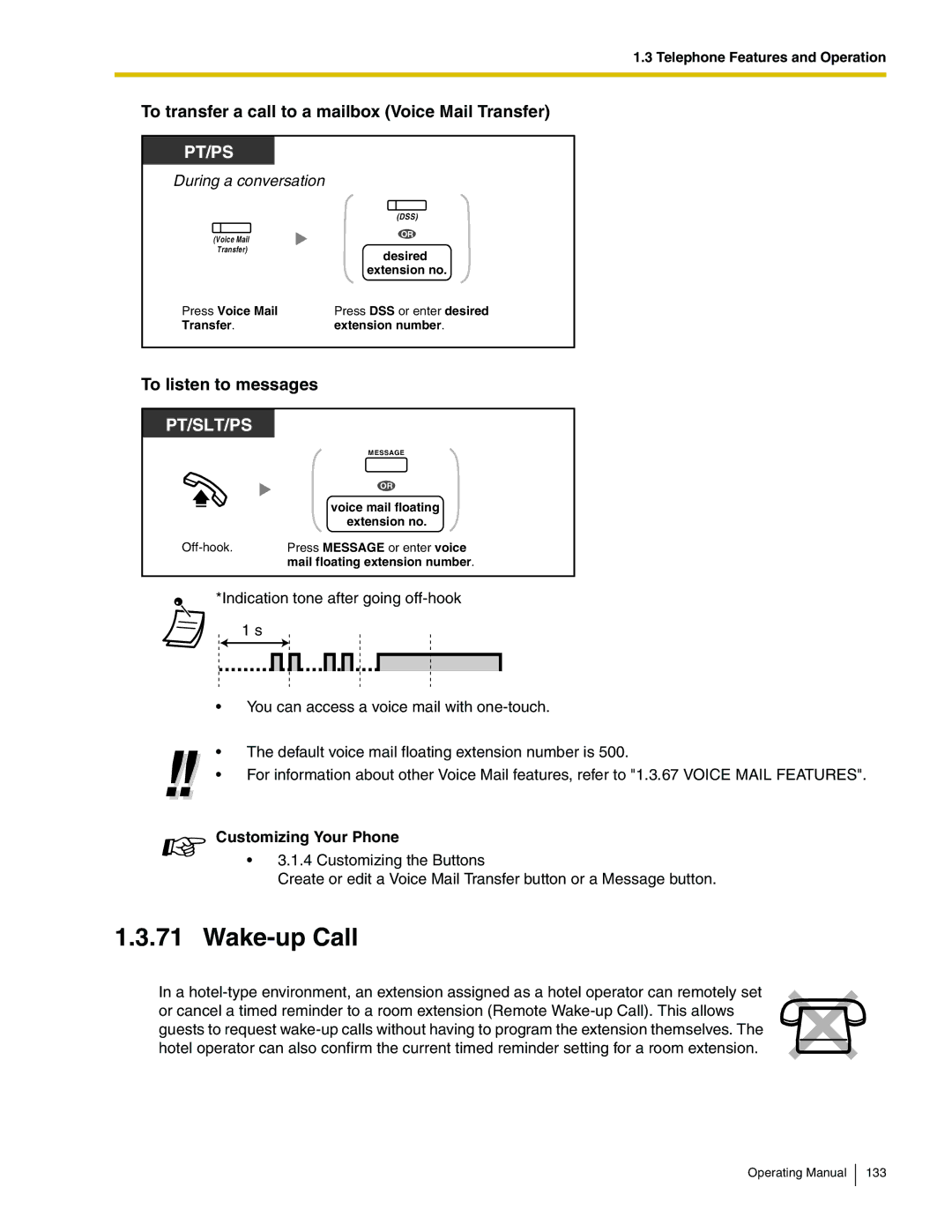 Panasonic KX-TDA600 manual Wake-up Call, To transfer a call to a mailbox Voice Mail Transfer, To listen to messages 