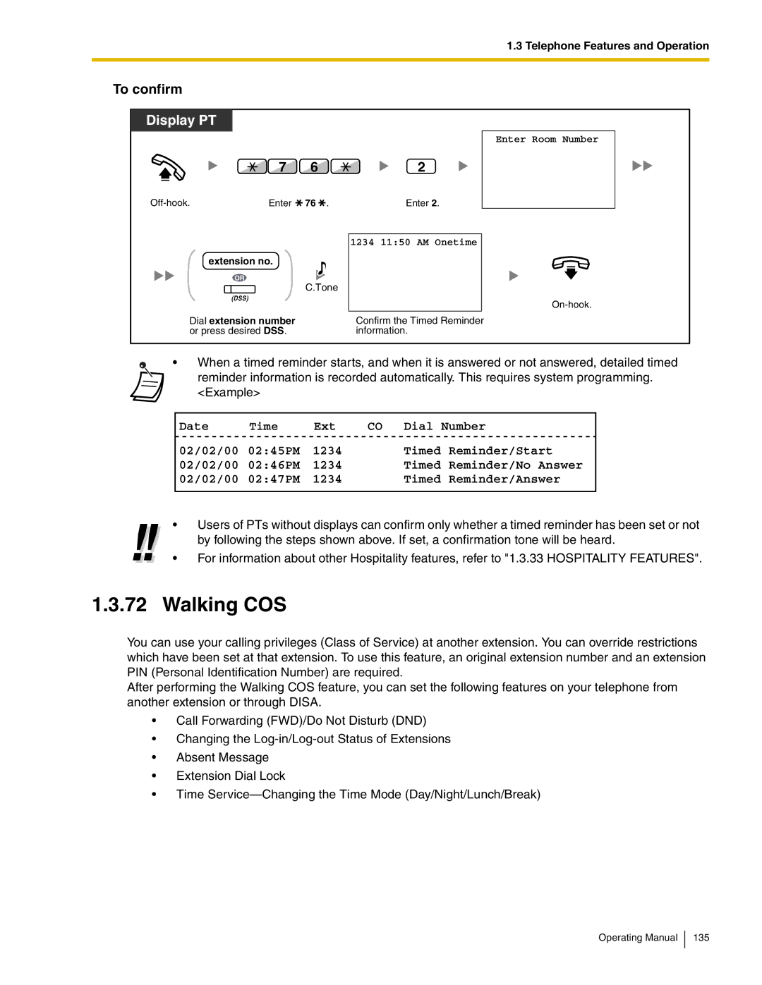 Panasonic KX-TDA600 manual Walking COS, Display PT 