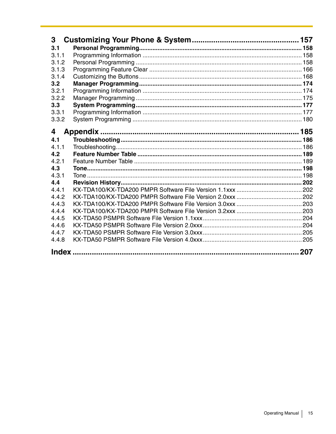 Panasonic KX-TDA600 manual Personal Programming 158, Manager Programming 174, System Programming 177, 186, 189, Tone 198 