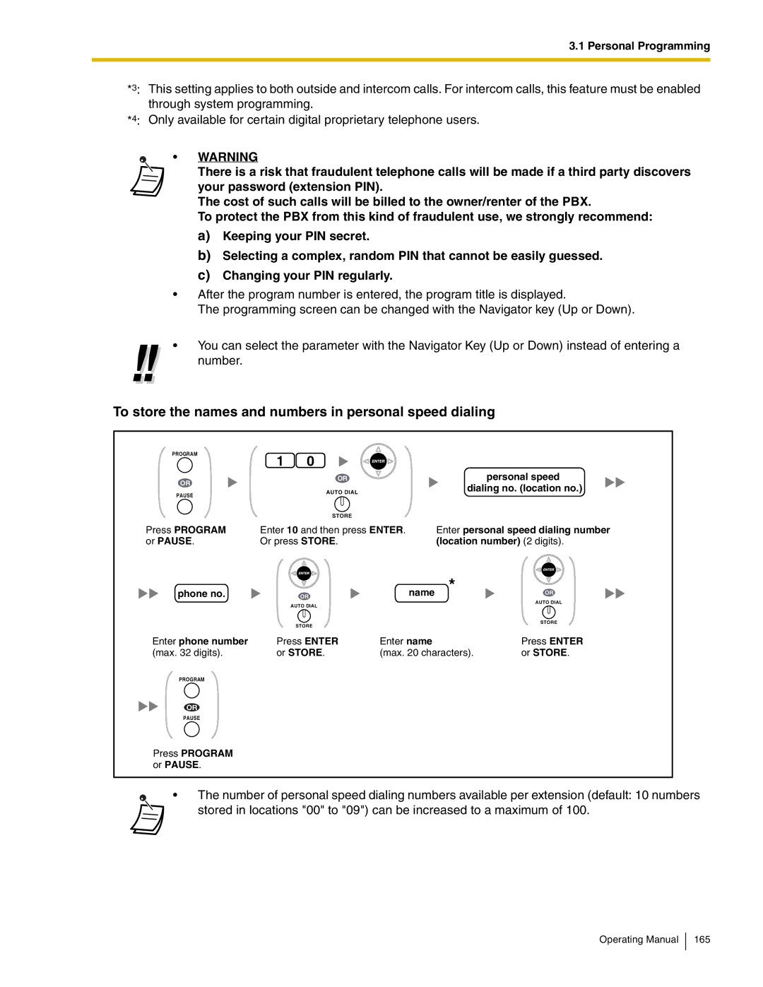 Panasonic KX-TDA600 manual To store the names and numbers in personal speed dialing, Press Program or Pause Phone no 