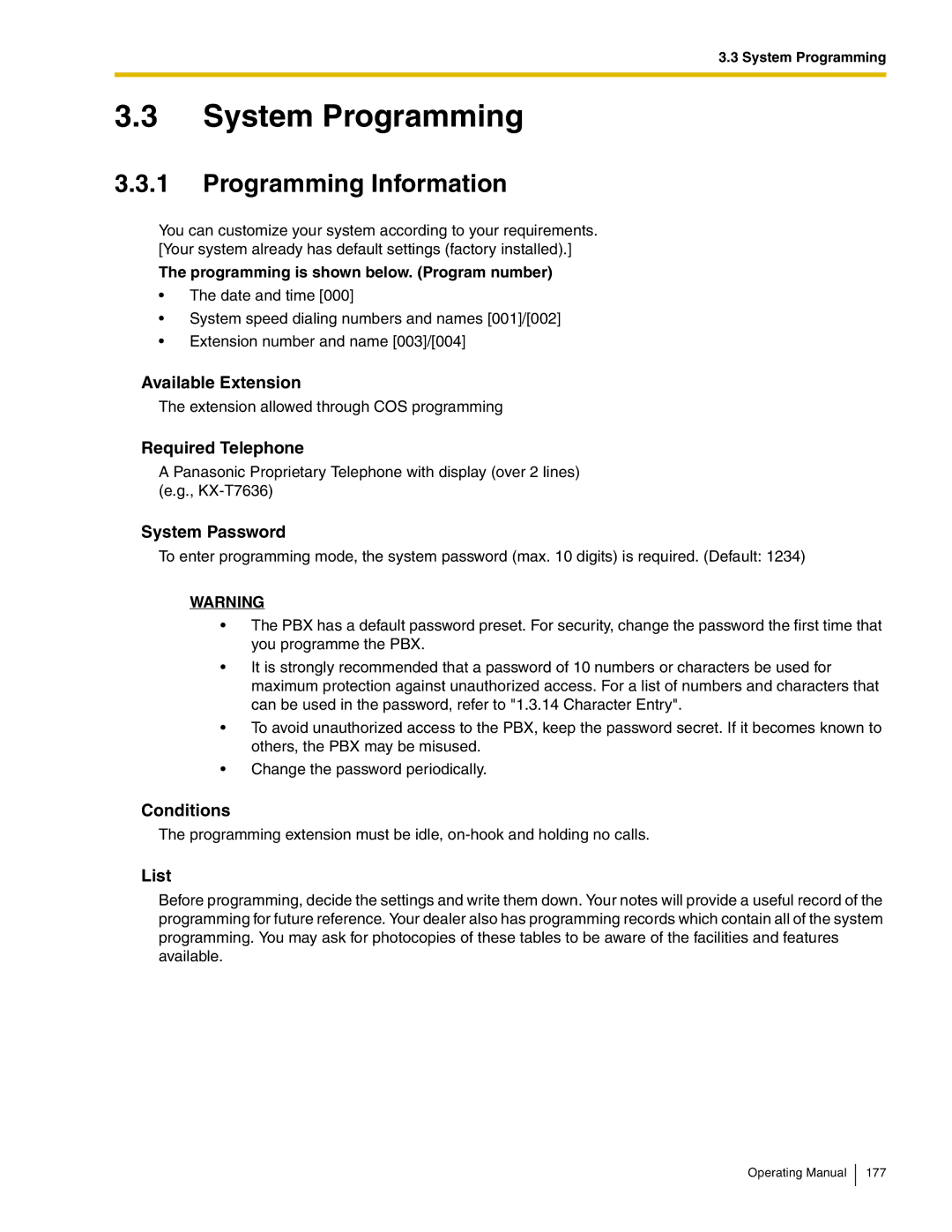 Panasonic KX-TDA600 manual System Password, List, Programming is shown below. Program number 