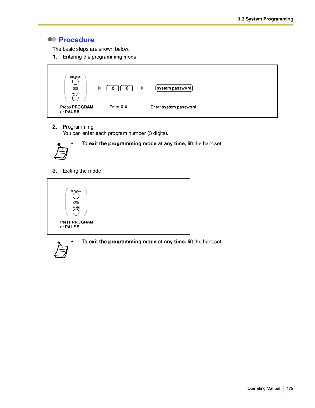 Panasonic KX-TDA600 manual Procedure, To exit the programming mode at any time, lift the handset 