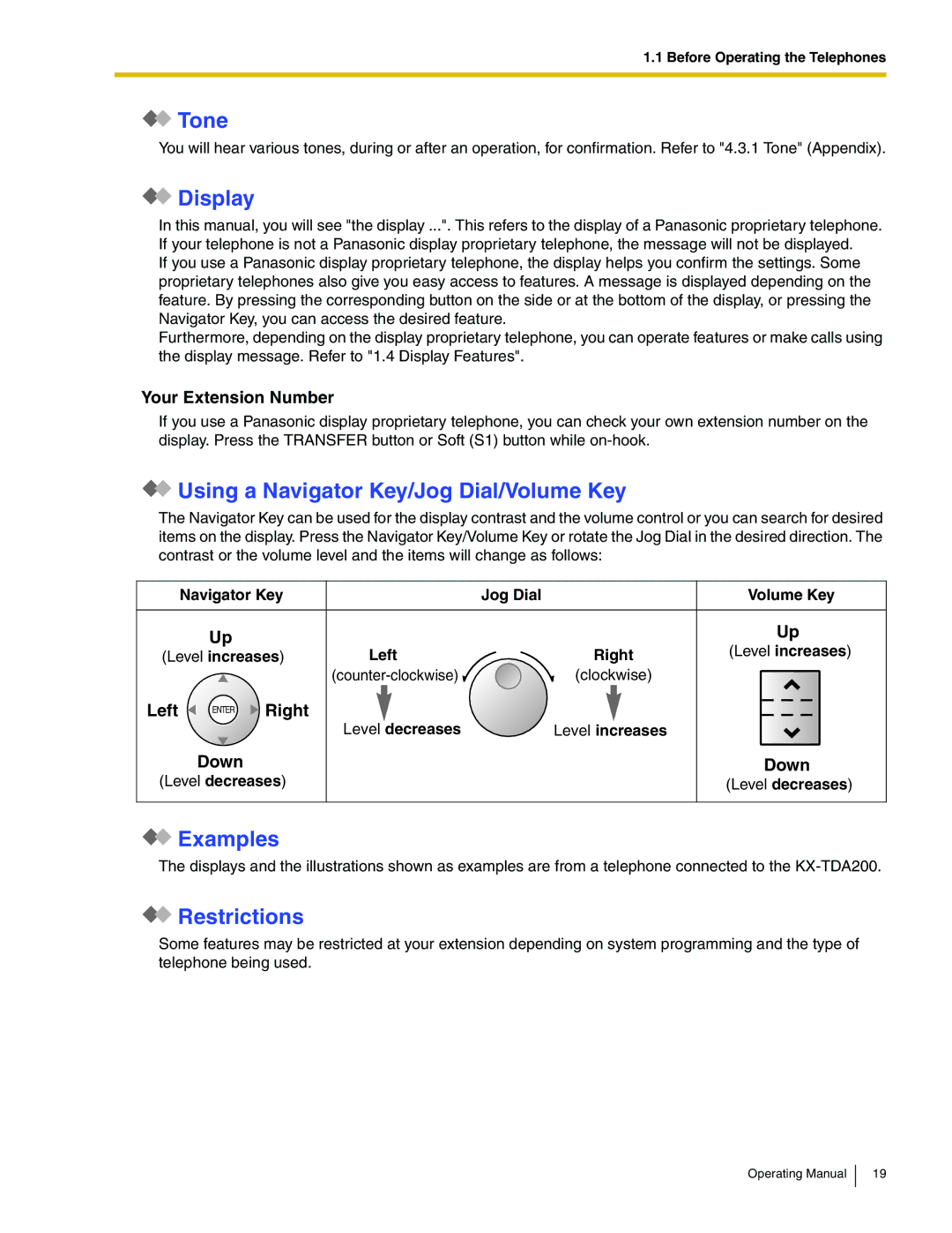 Panasonic KX-TDA600 manual Tone, Display, Using a Navigator Key/Jog Dial/Volume Key, Examples, Restrictions 