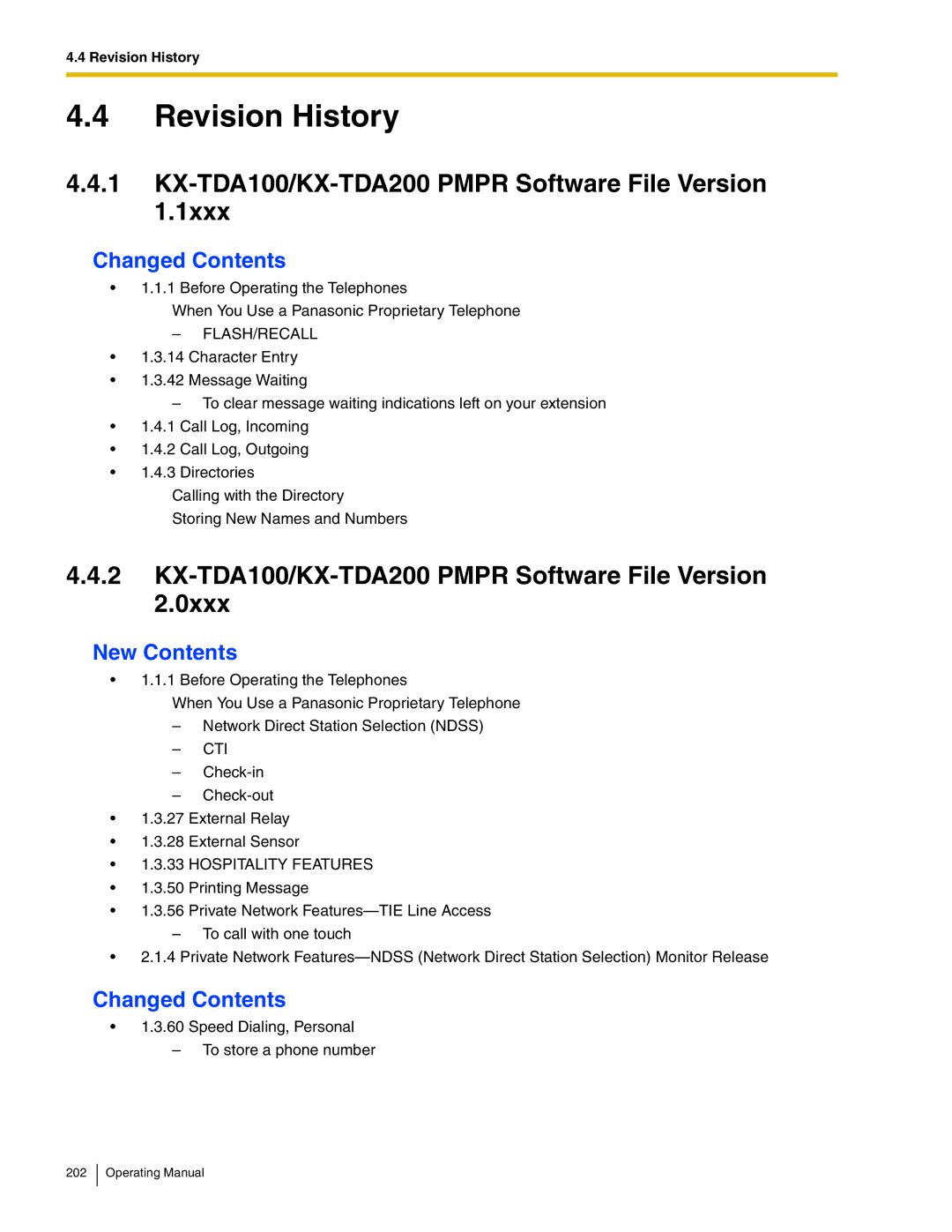 Panasonic KX-TDA600 manual KX-TDA100/KX-TDA200 Pmpr Software File Version, Changed Contents, New Contents 