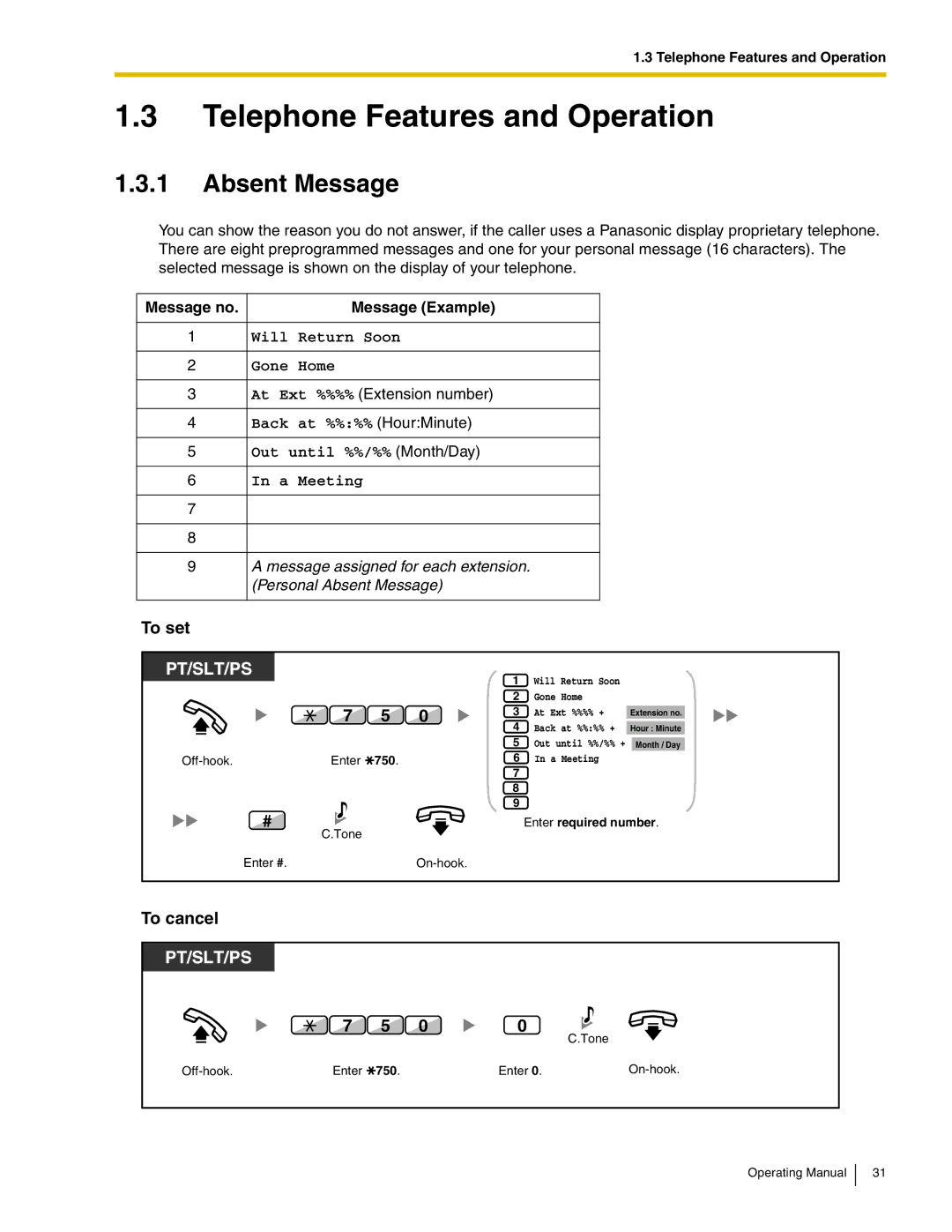 Panasonic KX-TDA600 manual Absent Message, To set, To cancel, Message no Message Example 