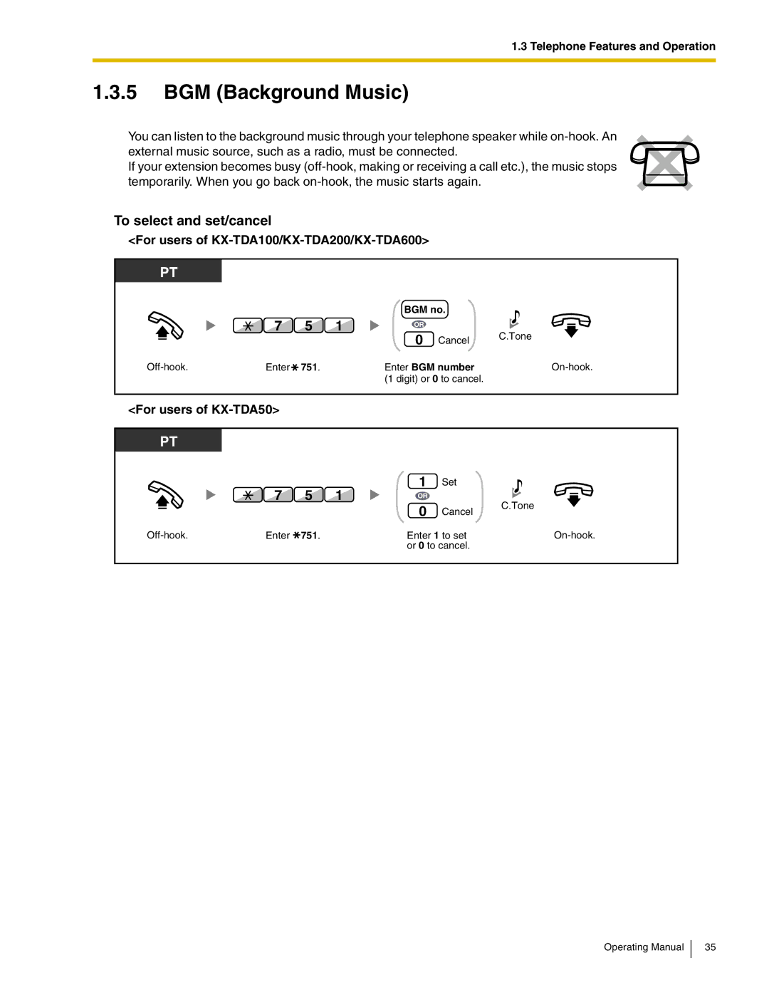 Panasonic manual BGM Background Music, To select and set/cancel, For users of KX-TDA100/KX-TDA200/KX-TDA600 