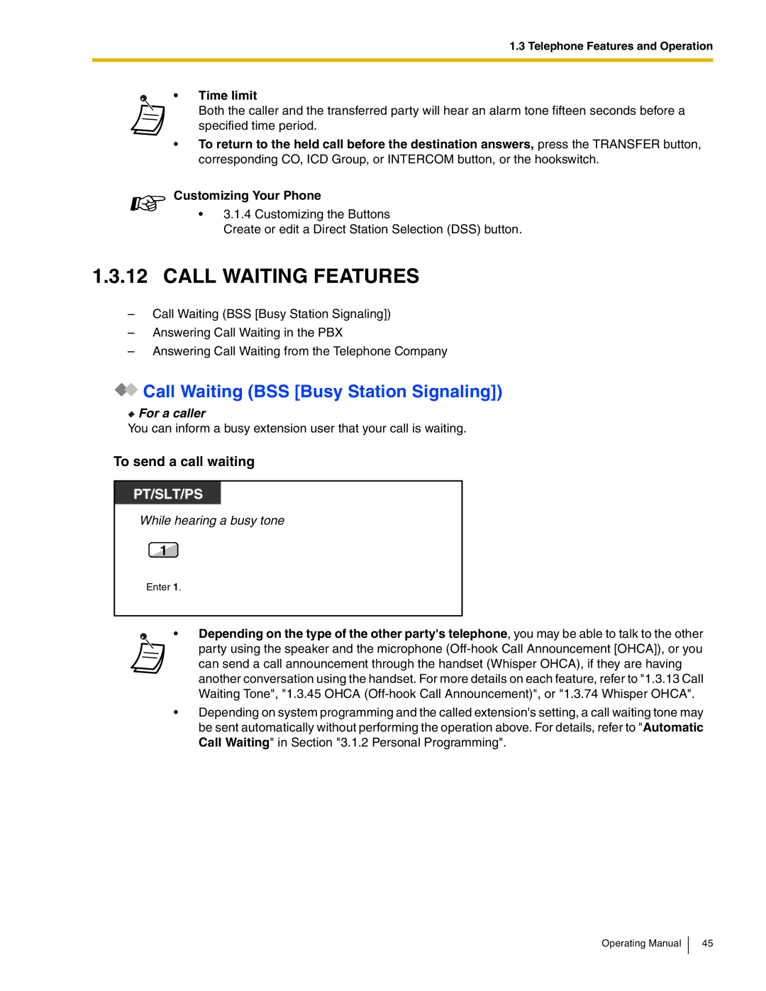 Panasonic KX-TDA600 manual Call Waiting BSS Busy Station Signaling, To send a call waiting, Time limit 