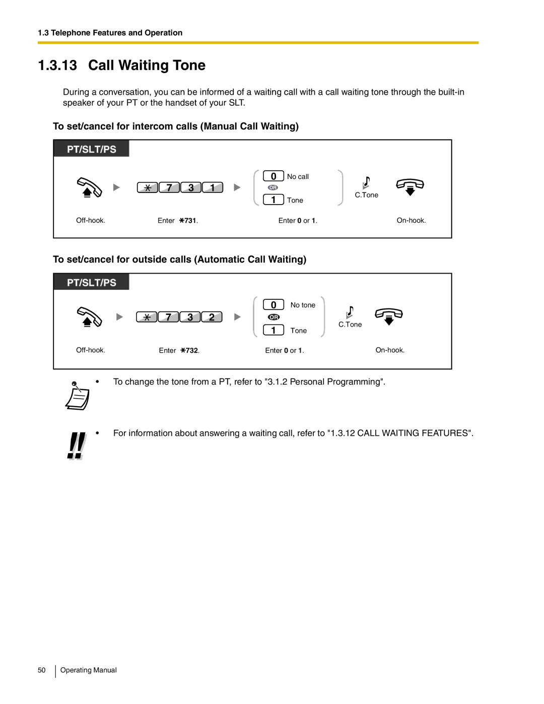 Panasonic KX-TDA600 manual Call Waiting Tone, To set/cancel for intercom calls Manual Call Waiting, 731, 732 