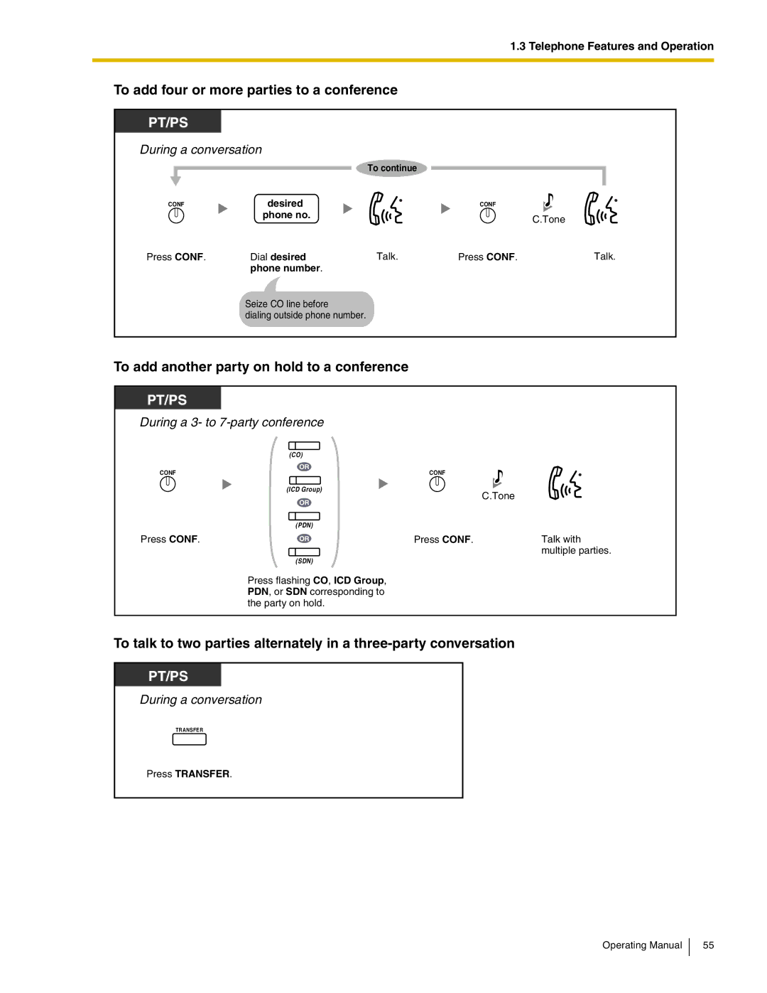 Panasonic KX-TDA600 manual To add four or more parties to a conference, To add another party on hold to a conference 