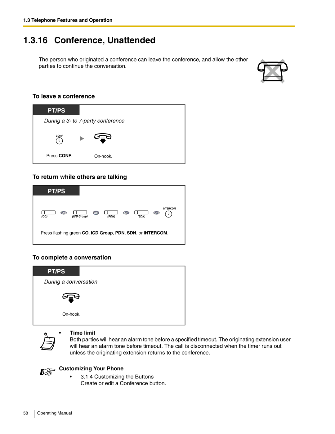 Panasonic KX-TDA600 manual Conference, Unattended, To leave a conference, To return while others are talking 