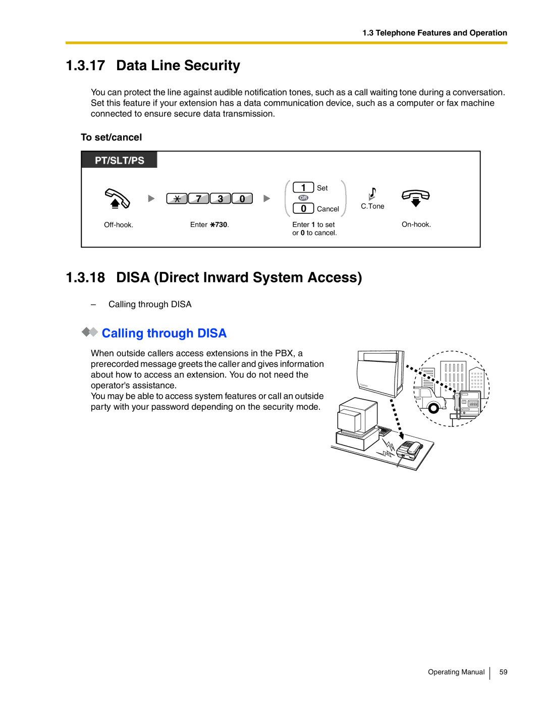 Panasonic KX-TDA600 manual Data Line Security, Disa Direct Inward System Access, Calling through Disa, To set/cancel, 730 