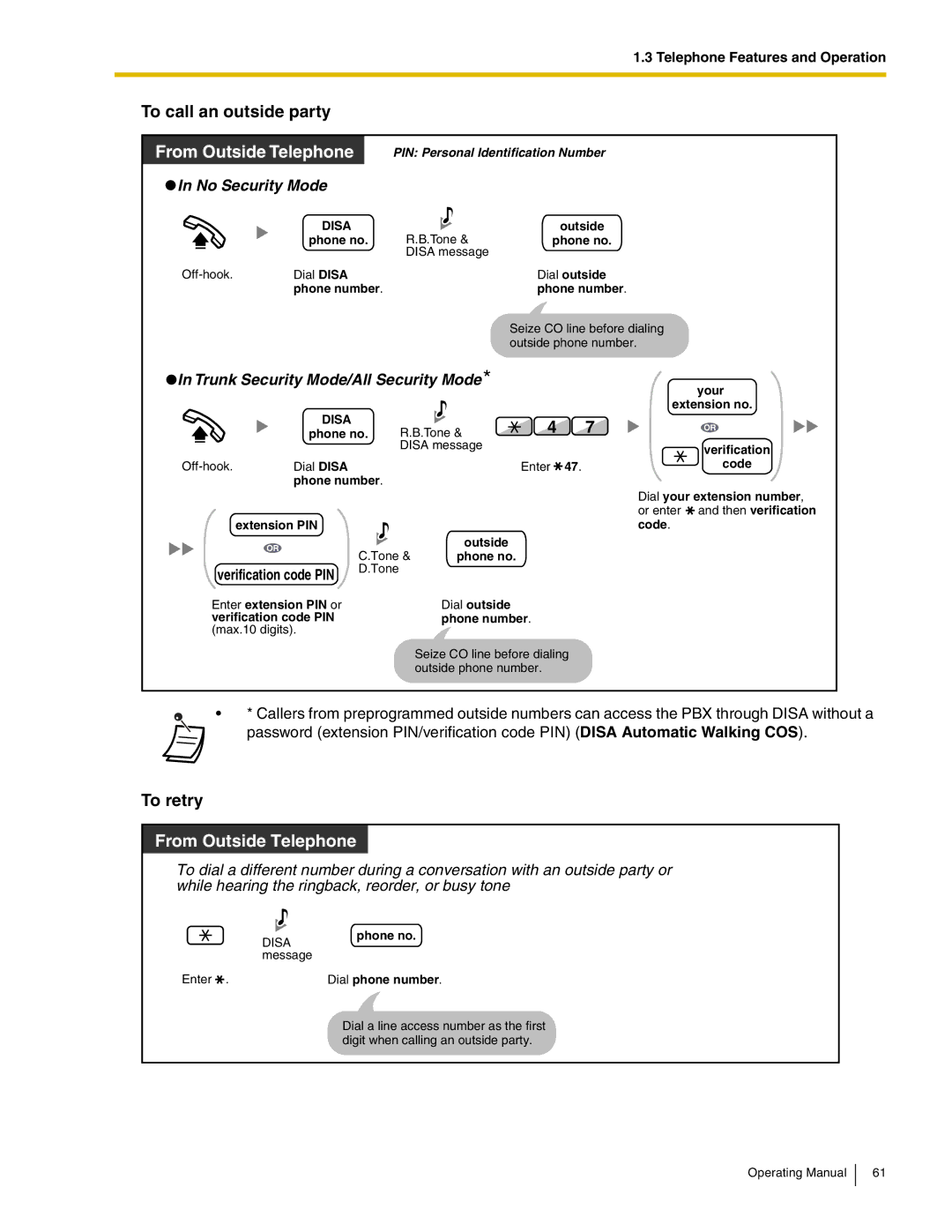 Panasonic KX-TDA600 manual To call an outside party, To retry, Verification 