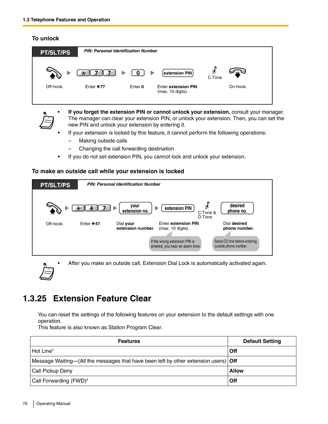 Panasonic KX-TDA600 manual Extension Feature Clear, To unlock, To make an outside call while your extension is locked 