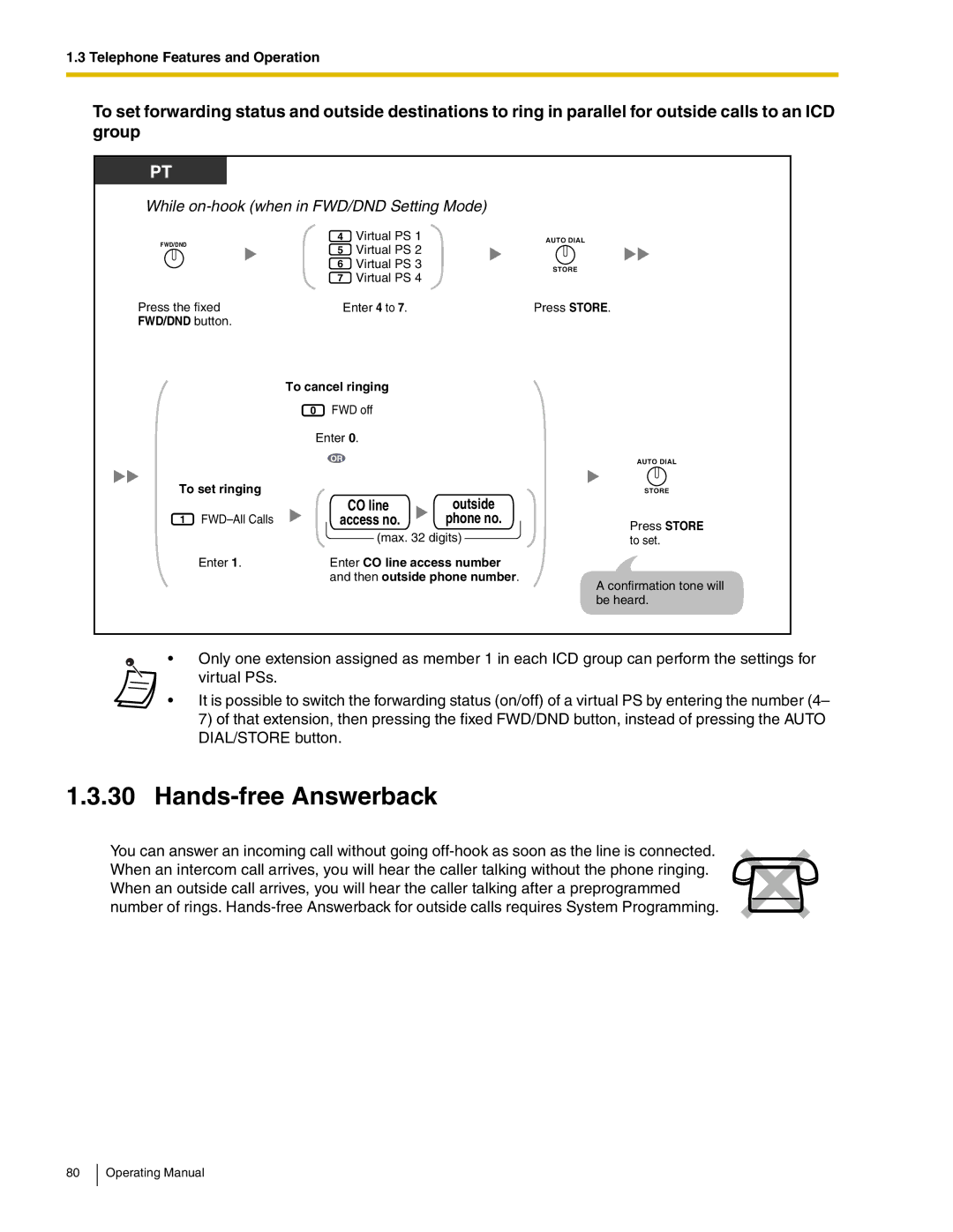 Panasonic KX-TDA600 Hands-free Answerback, FWD/DND button To cancel ringing, To set ringing, Enter CO line access number 