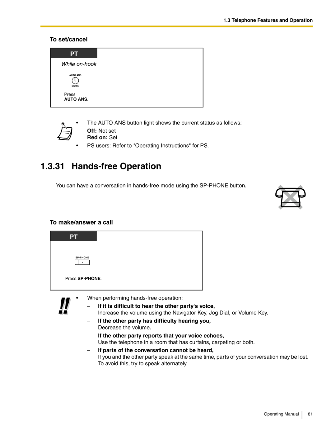 Panasonic KX-TDA600 Hands-free Operation, To make/answer a call, Red on Set, If parts of the conversation cannot be heard 