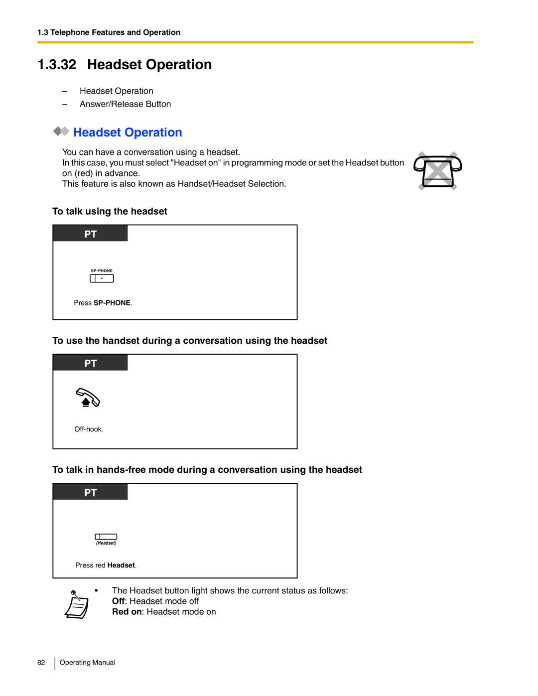 Panasonic KX-TDA600 manual Headset Operation, To talk using the headset 