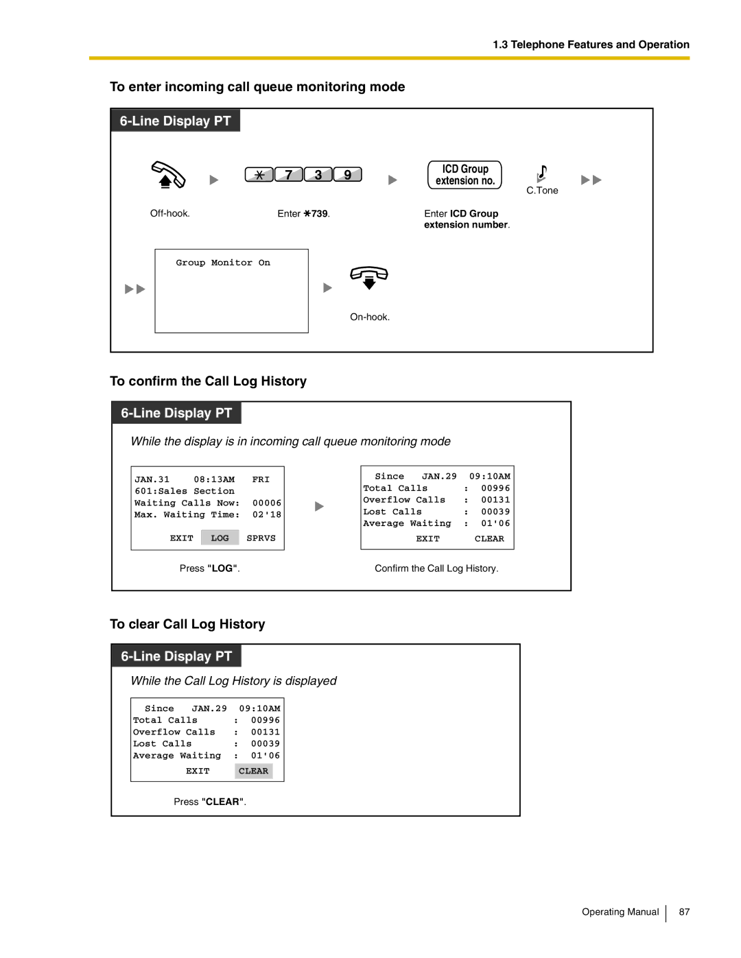 Panasonic KX-TDA600 manual To enter incoming call queue monitoring mode, To confirm the Call Log History 