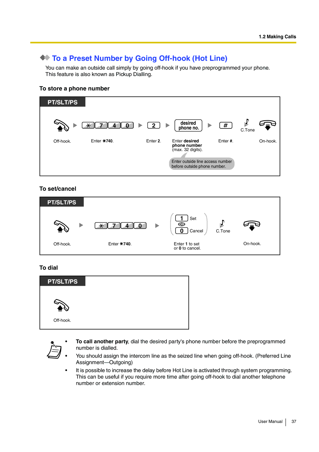 Panasonic KX-TDE200, KX-TDE100 To a Preset Number by Going Off-hook Hot Line, To set/cancel, Desired Phone no, 740 