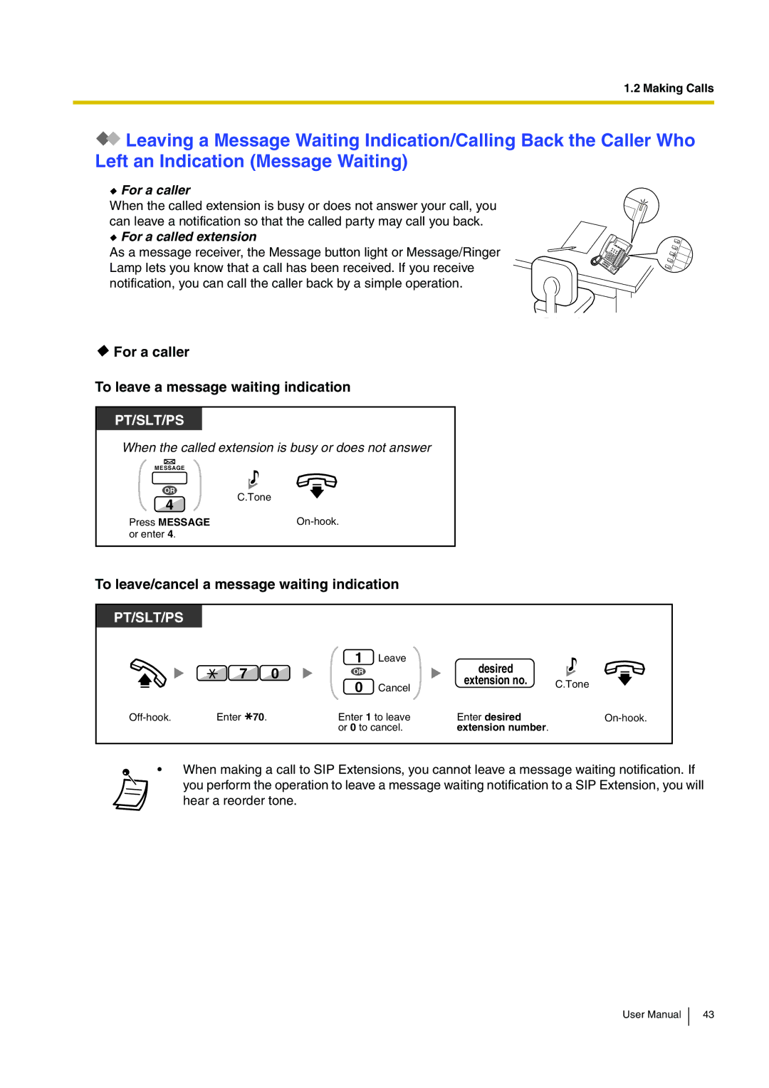 Panasonic KX-TDE200 For a caller To leave a message waiting indication, To leave/cancel a message waiting indication 