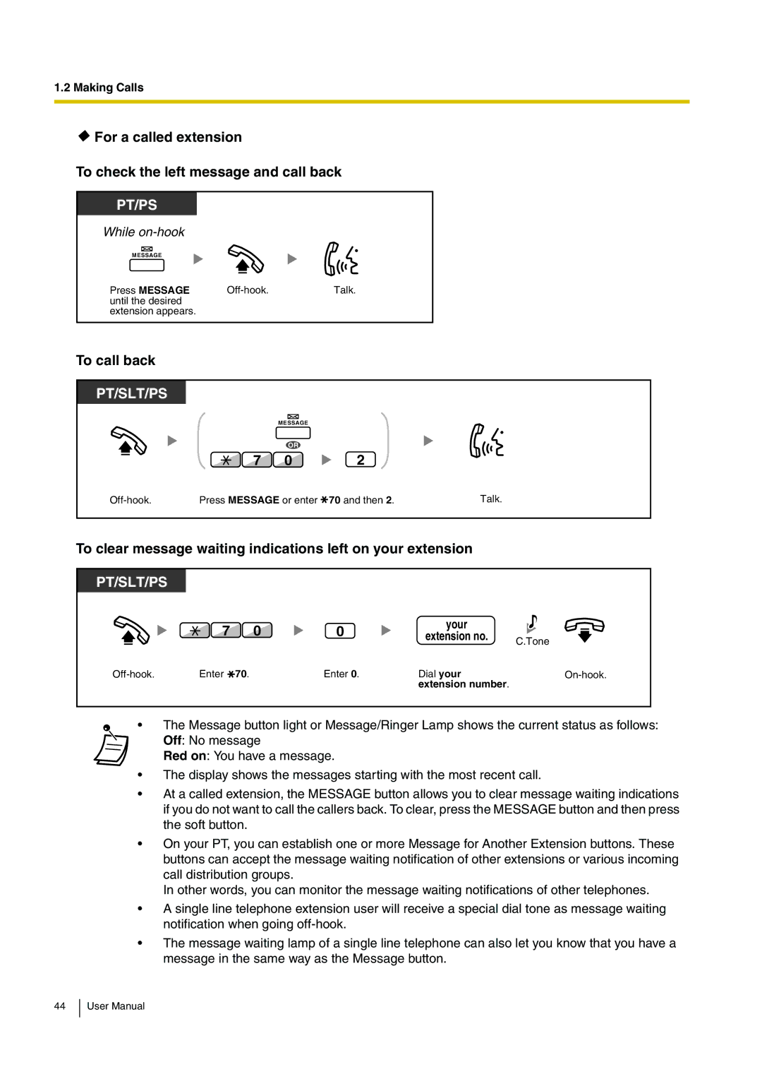 Panasonic KX-TDE100, KX-TDE200 user manual To call back, To clear message waiting indications left on your extension 